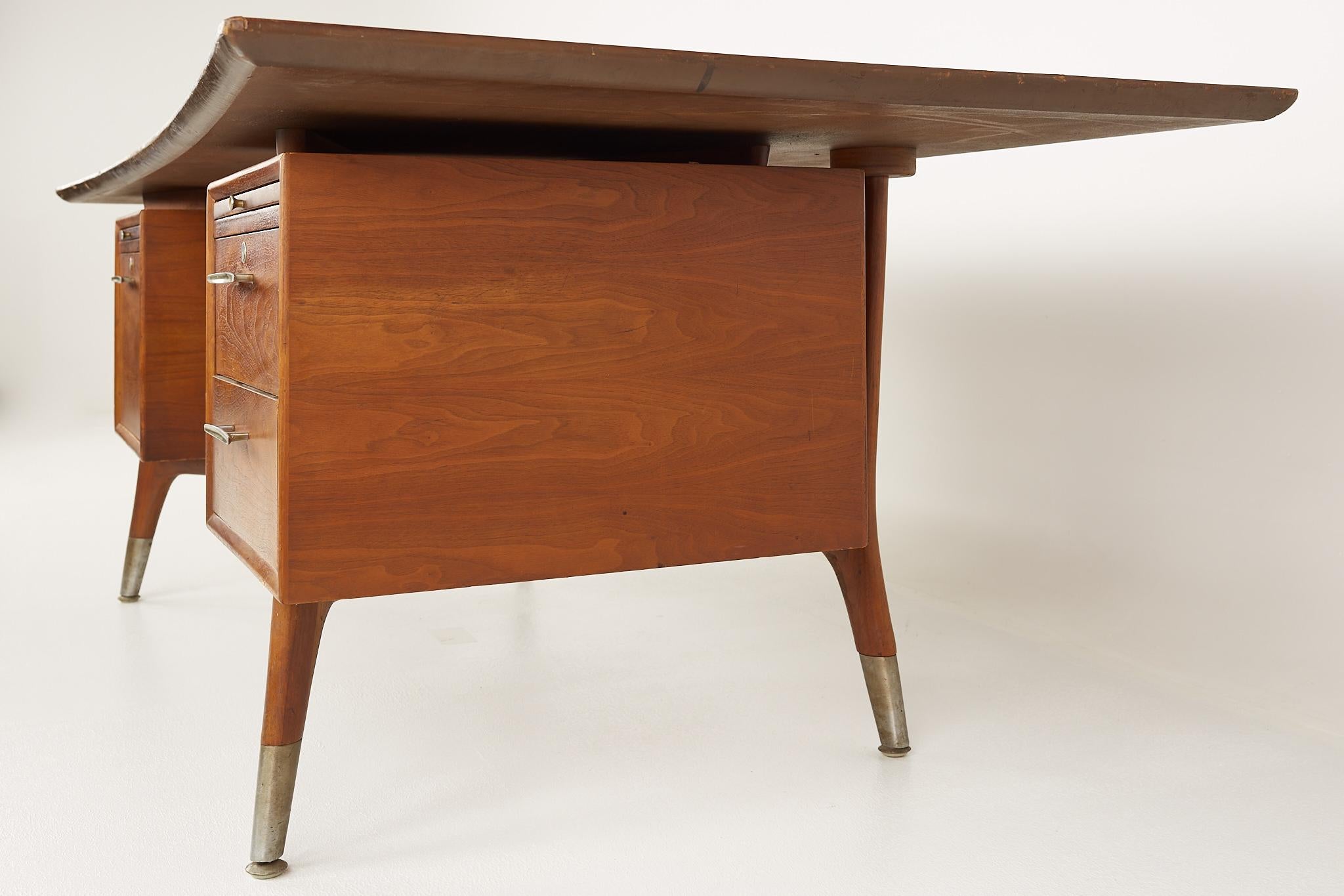 American Standard Furniture Company Mid Century Walnut Brass and Cane Bowtie Desk