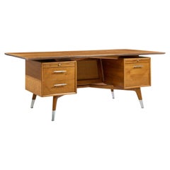 Standard Furniture Company Mid Century Walnut, Brass and Cane Bowtie Desk