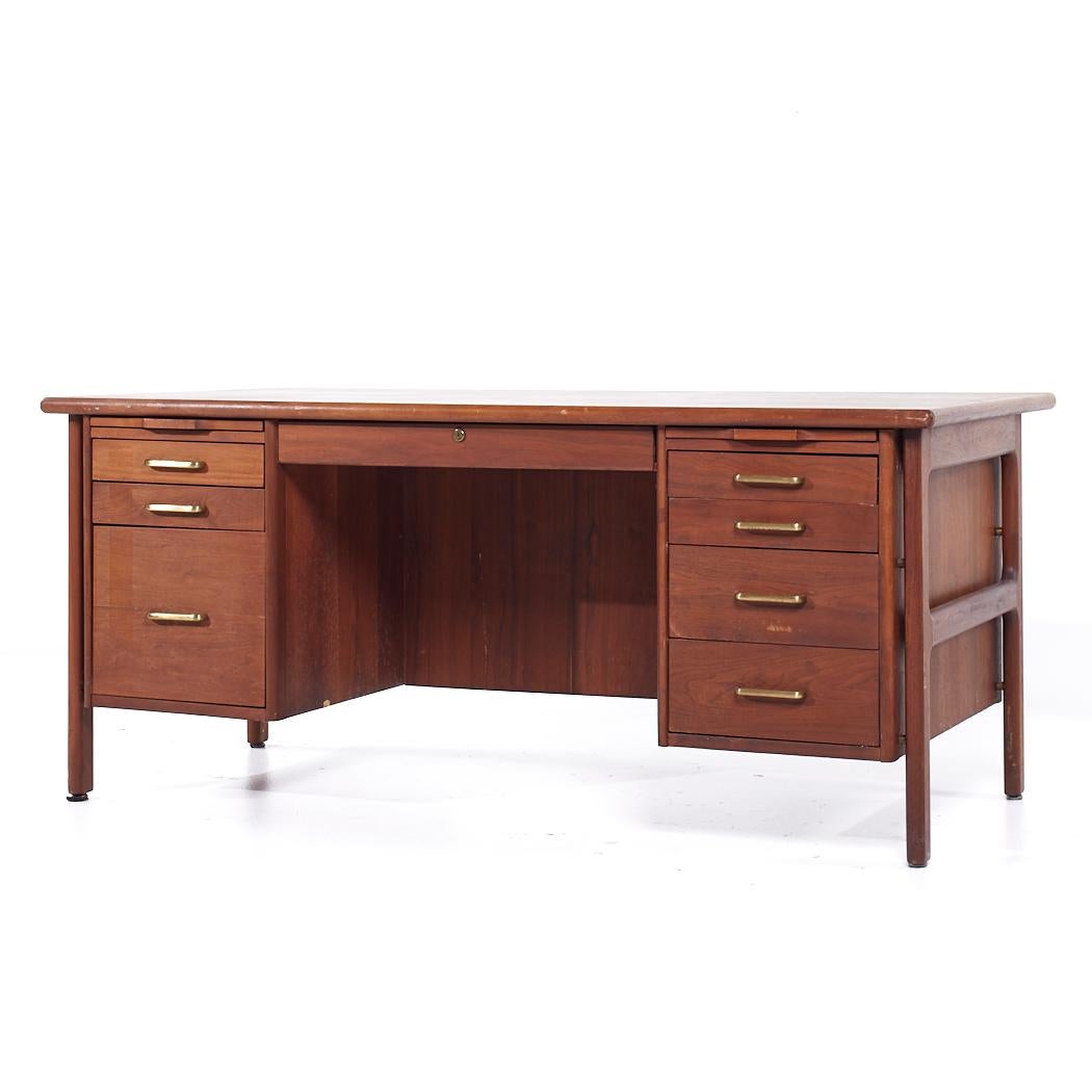 Mid-Century Modern Standard Furniture Mid Century Walnut and Brass Executive Desk For Sale
