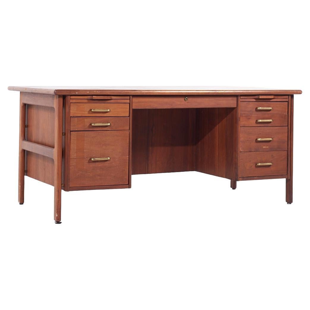 Standard Furniture Mid Century Walnut and Brass Executive Desk For Sale