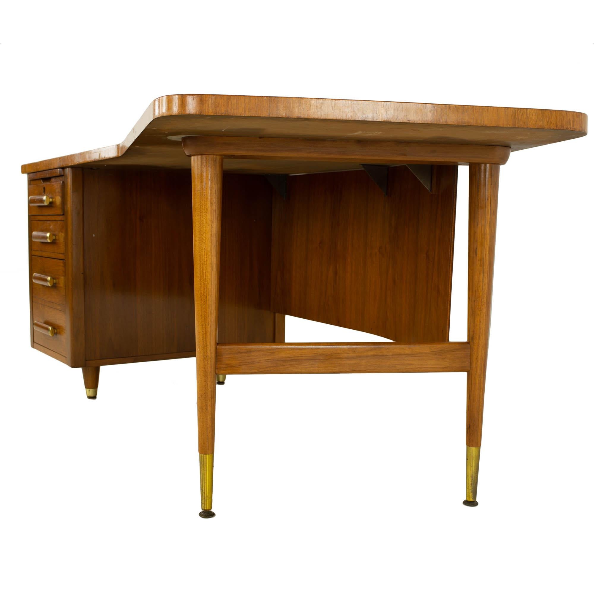 Late 20th Century Standard Furniture Mid Century Walnut and Cane Boomerang Desk