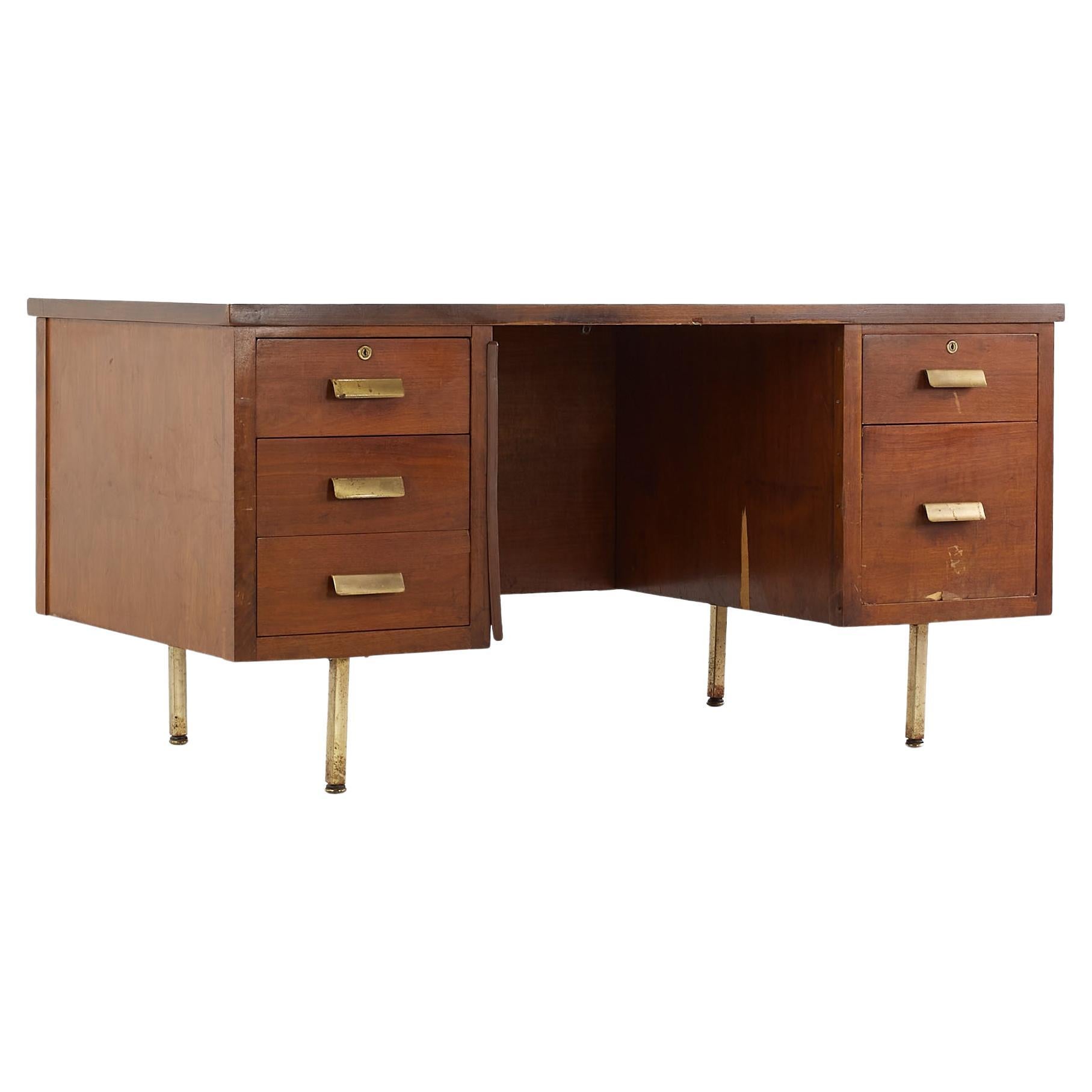 SOLD 01/03/24 Standard Furniture Style MCM Walnut Brass Formica Top Exec. Desk