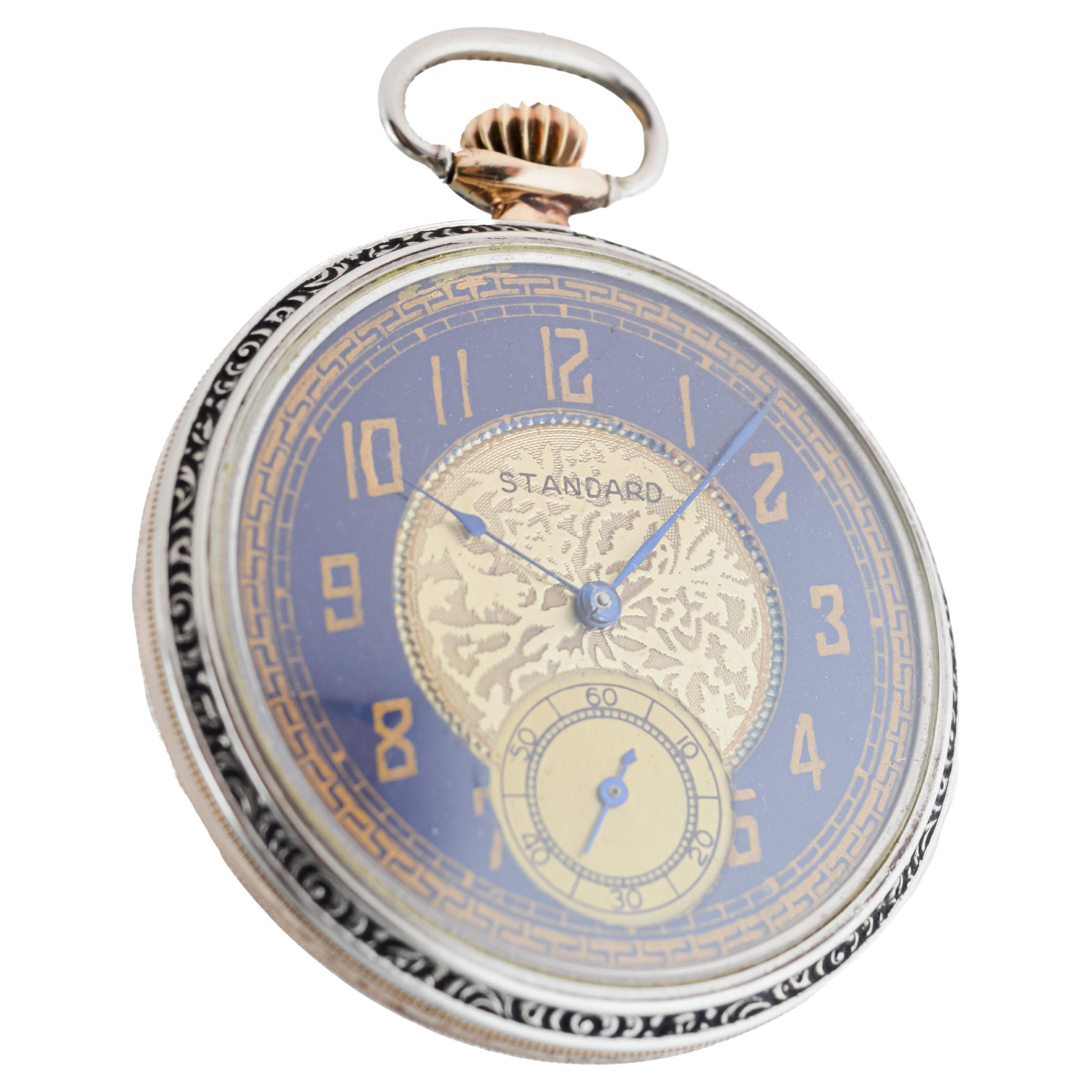 Standard Nickel Silver Art Deco Open Faced Pocket Watch 1920's In Excellent Condition In Long Beach, CA