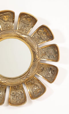 Mid-Century Modern Bronze Wall Mirror with Zodiac Petals, France 1950s
