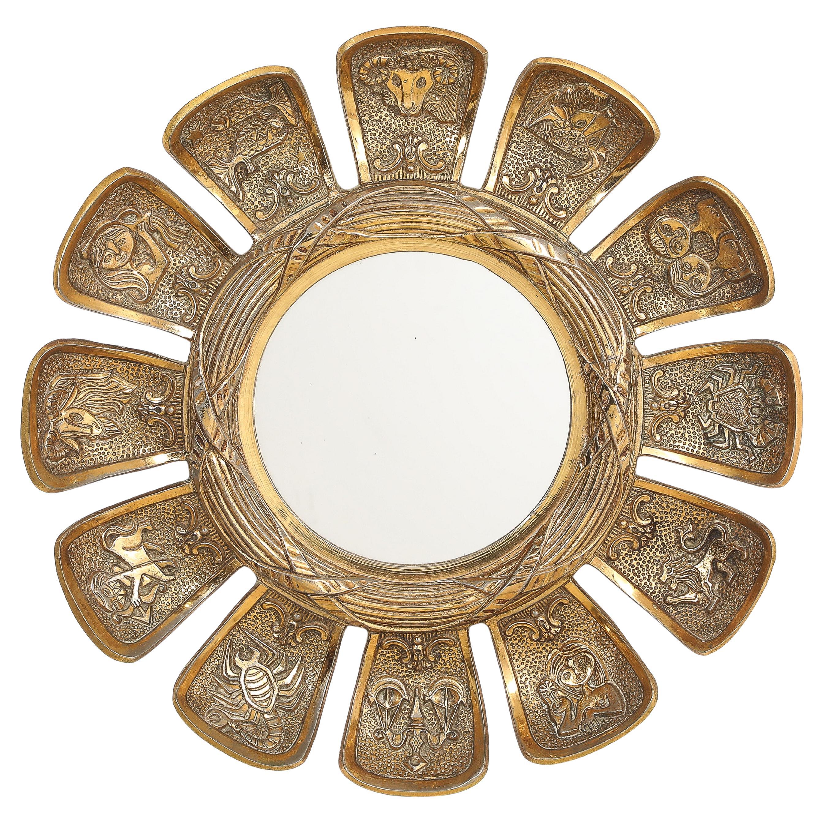 Mid-Century Modern Bronze Wall Mirror with Zodiac Petals, France 1950s For Sale