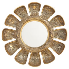 Mid-Century Modern Bronze Wall Mirror with Zodiac Petals, France 1950s