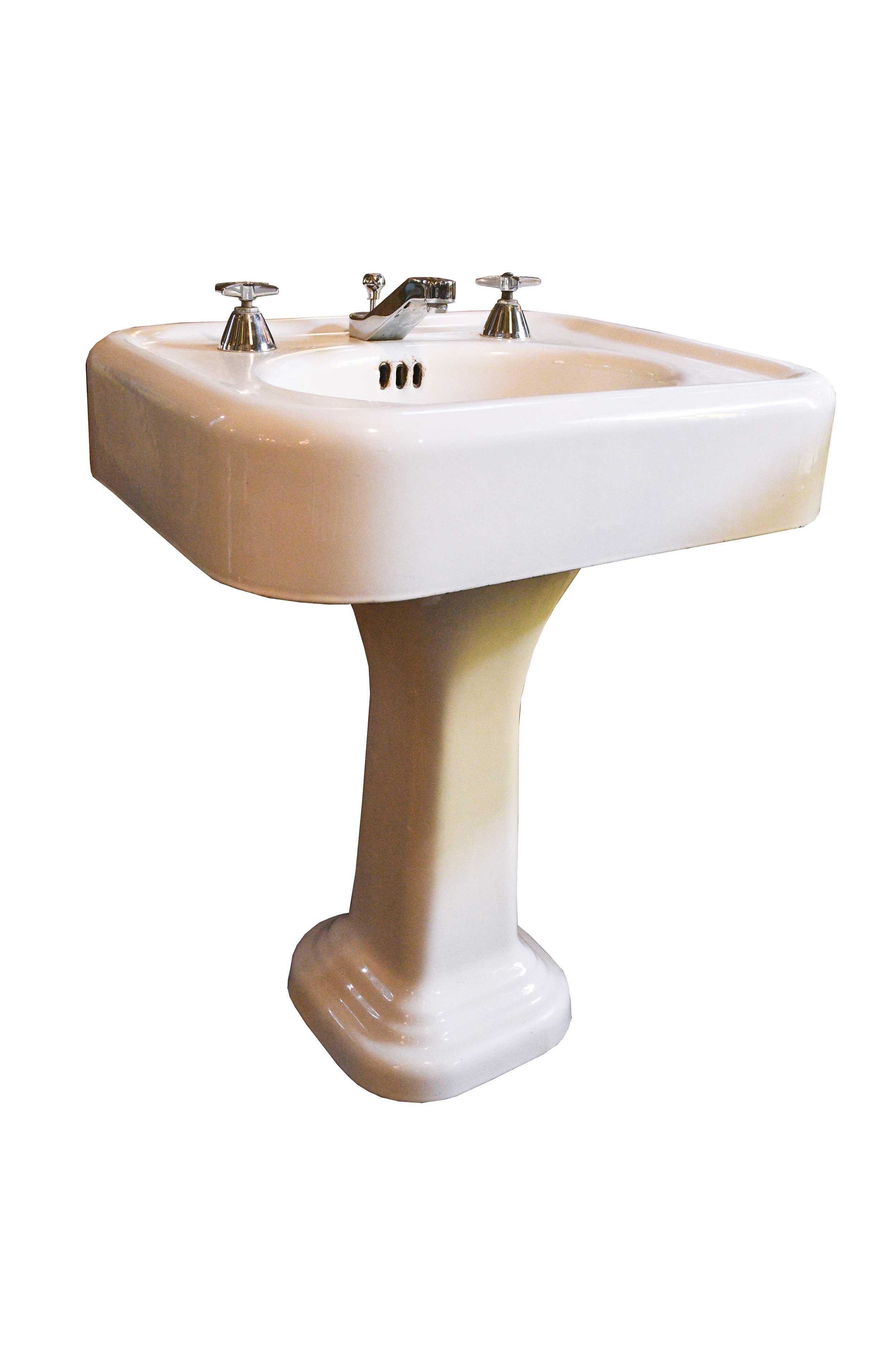 A classic pedestal sink. With rounded edges and a sturdy base, this 1920’s sink can be utilized in many different settings,

circa 1925.
Condition: Good
Finish: Original
Country of origin: USA.