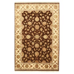 Standard Size Brown Hand-Knotted Wool Silk Floral Tapestry Traditional Rug