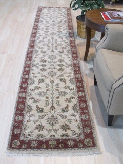 Standard Size Ivory Hand-Knotted Wool Symmetrical Floral Lattice Traditional Rug
