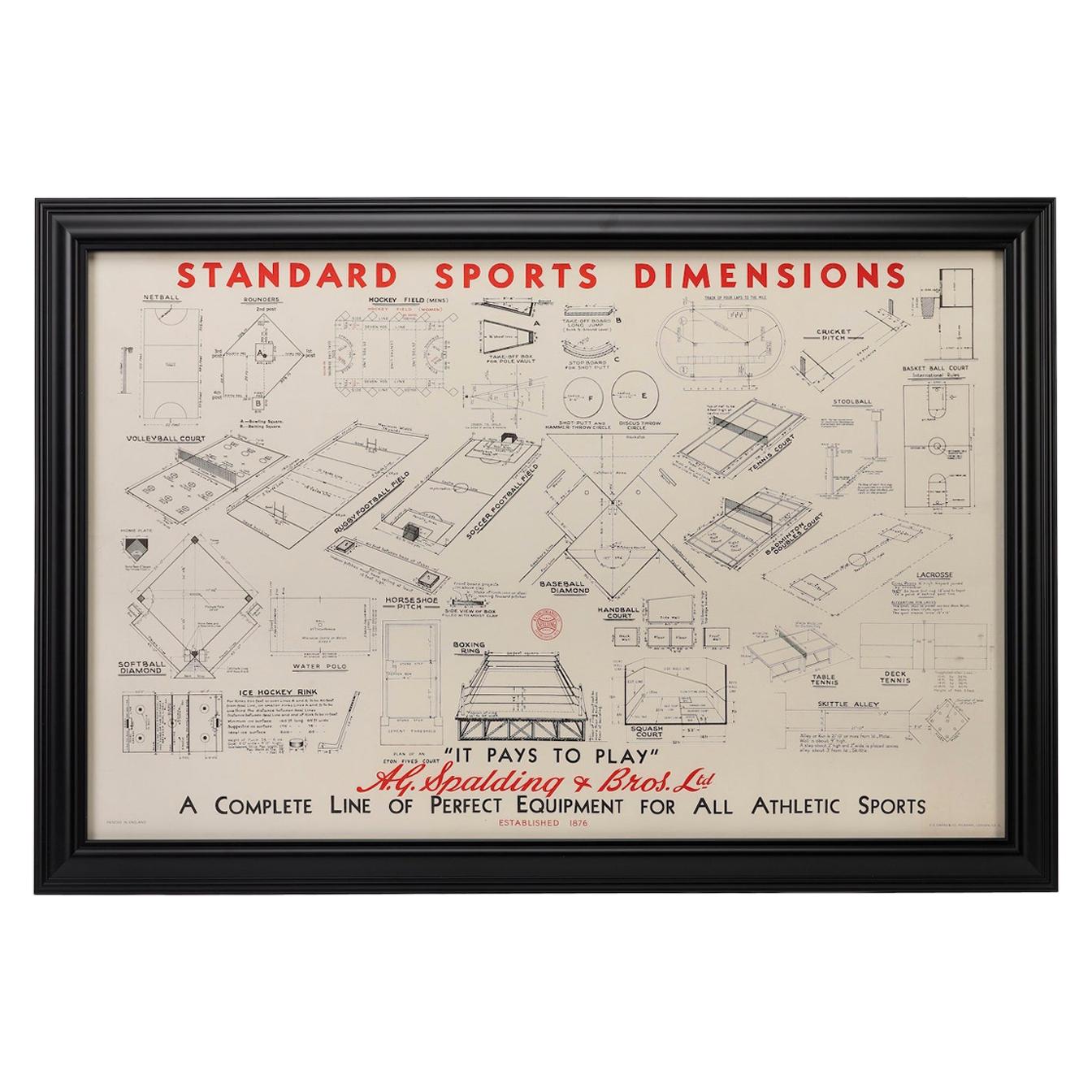 "Standard Sports Dimensions" A.G. Spalding & Bros, Vintage Poster, circa 1940s