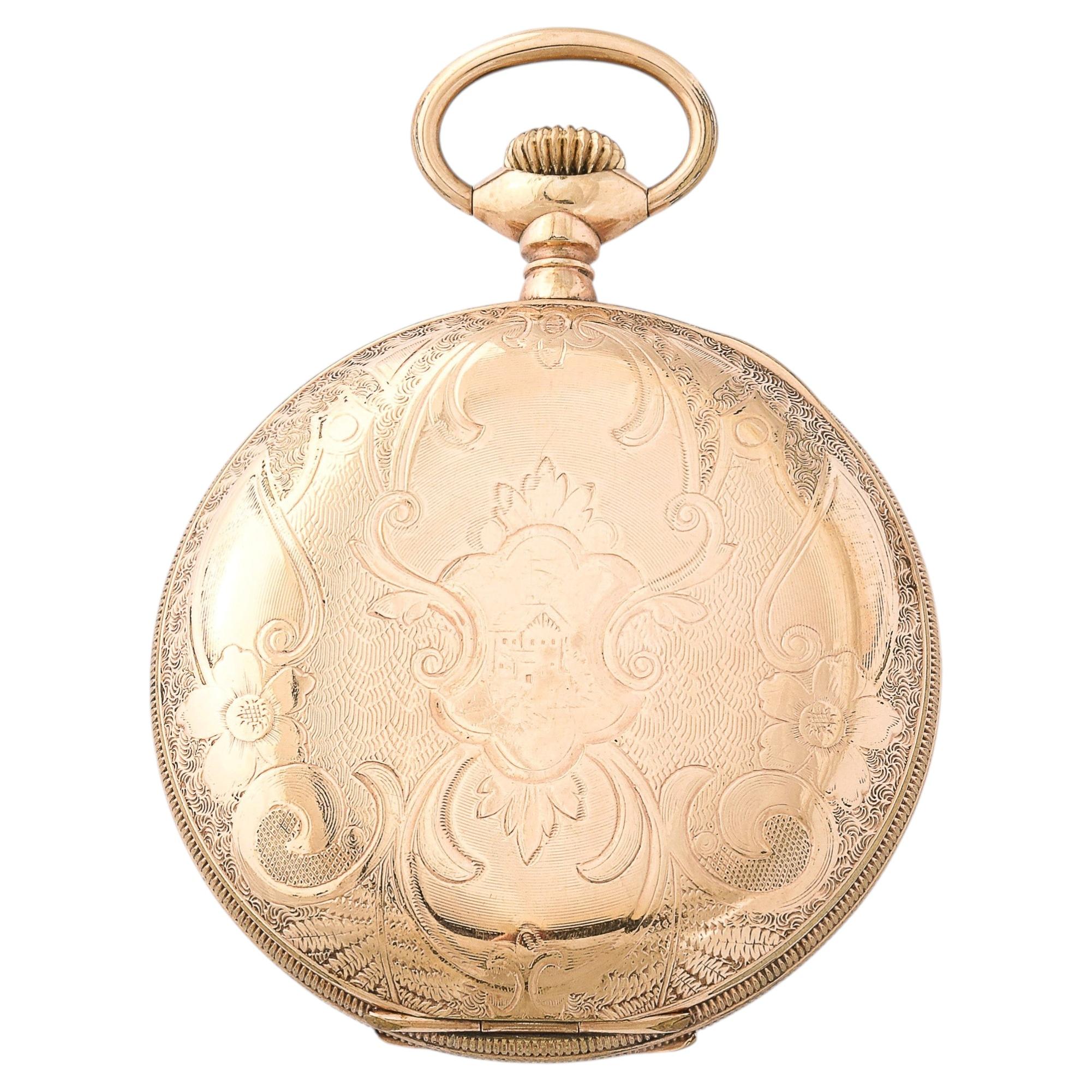 Standard Watch Co. Reloj de bolsillo chapado en oro de Hunter con detalles grabados