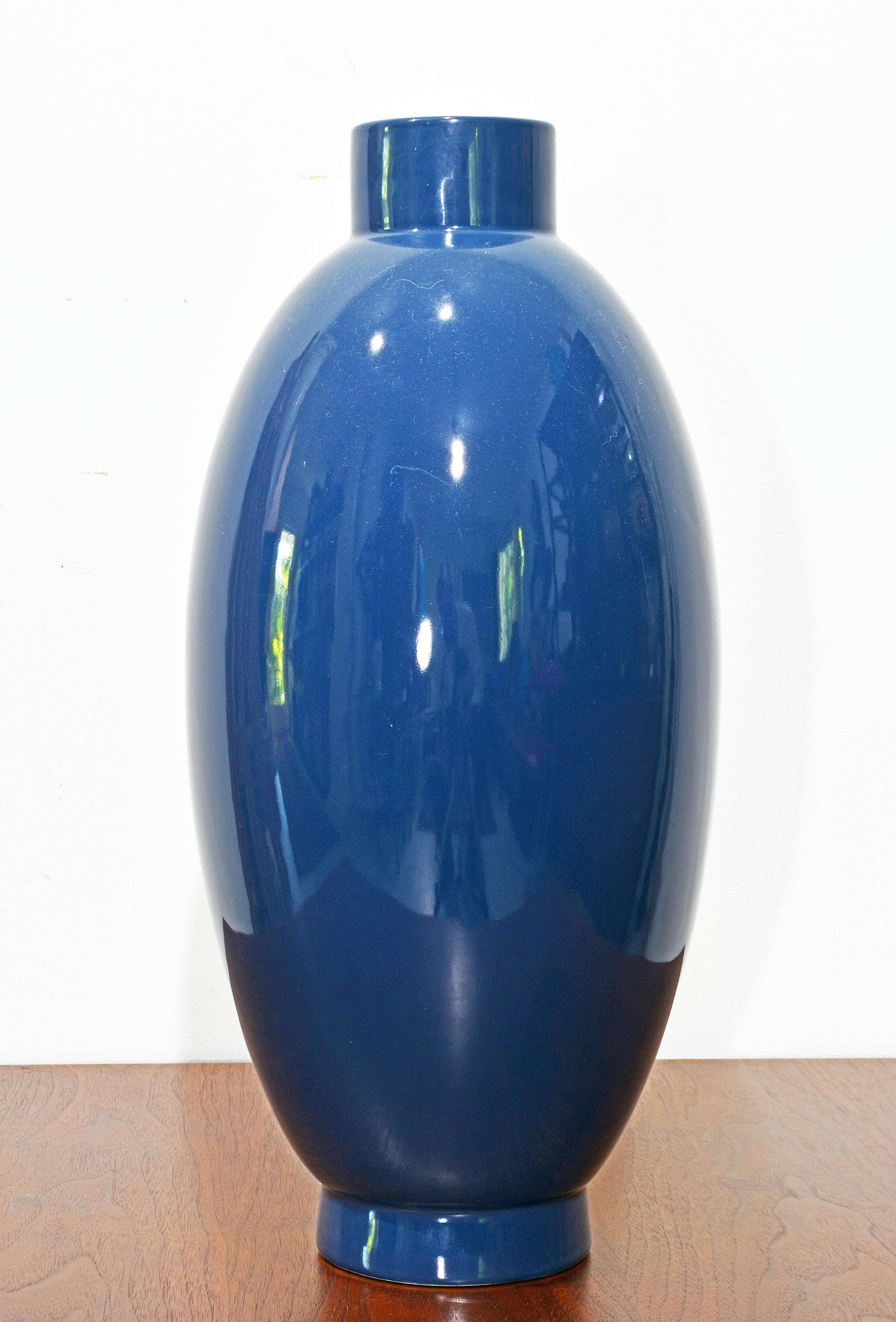 Indigo Blue Art Deco Style Glazed Ceramic Tall Vase In Good Condition In Ft. Lauderdale, FL
