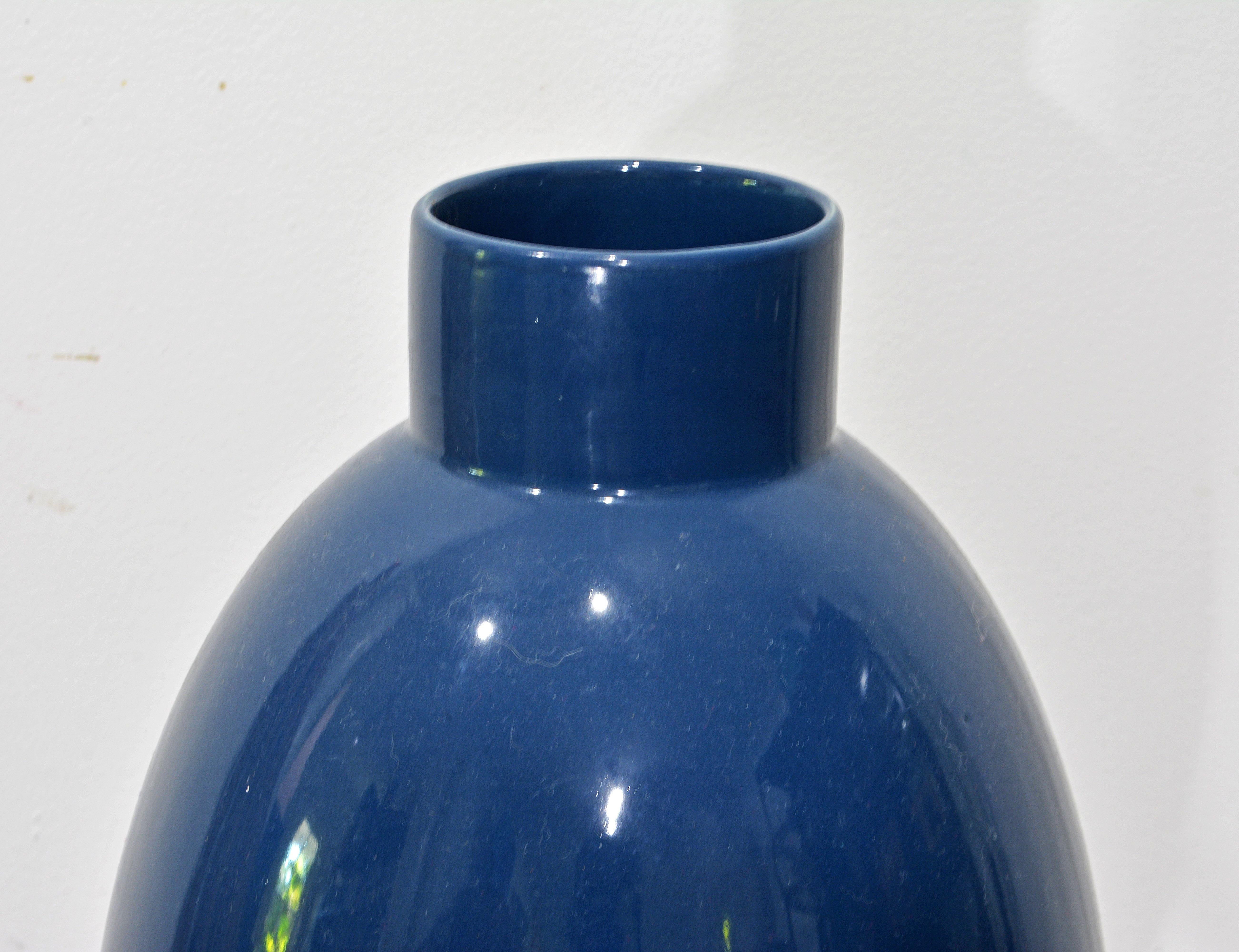 20th Century Indigo Blue Art Deco Style Glazed Ceramic Tall Vase