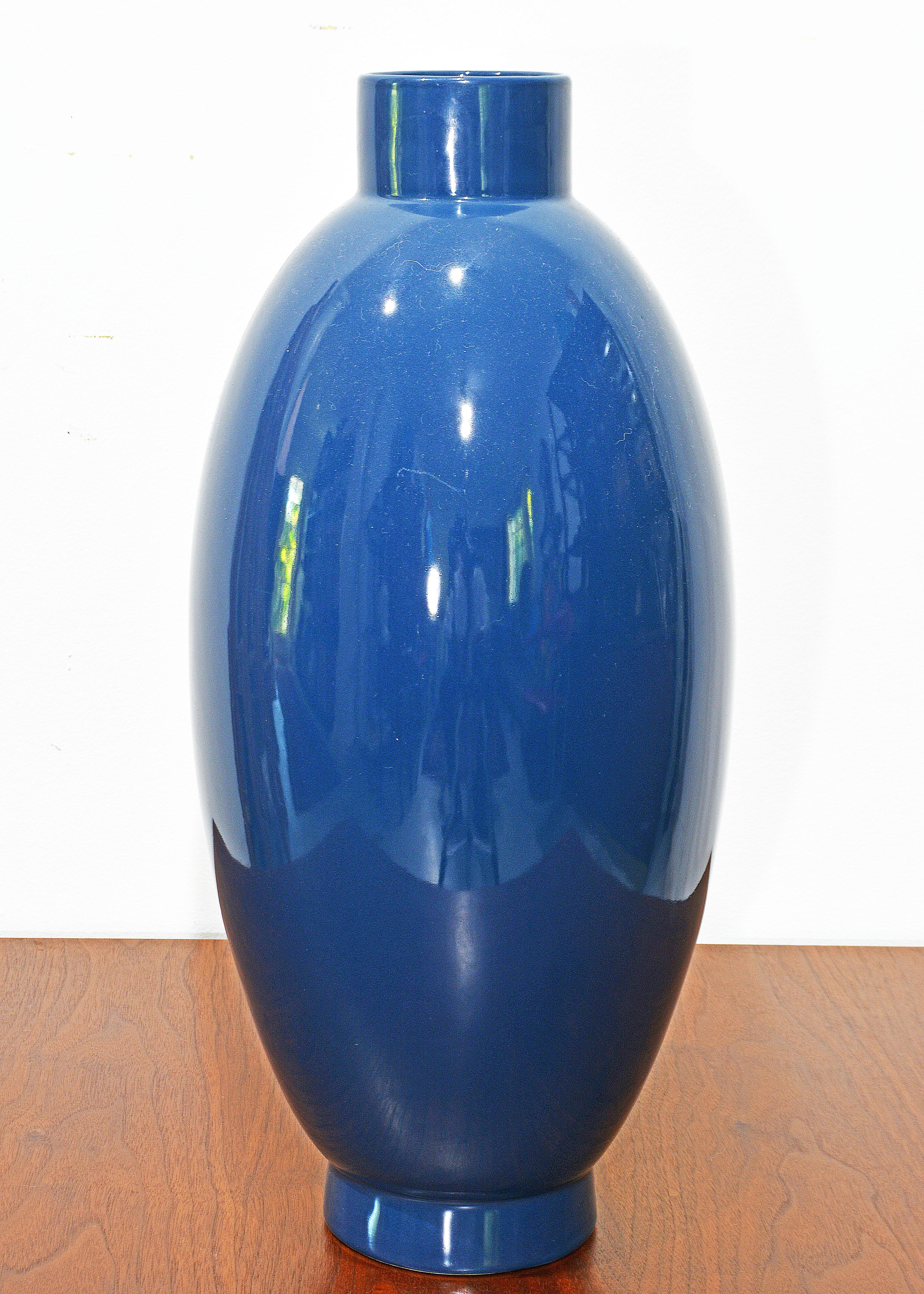 Indigo Blue Art Deco Style Glazed Ceramic Tall Vase 3