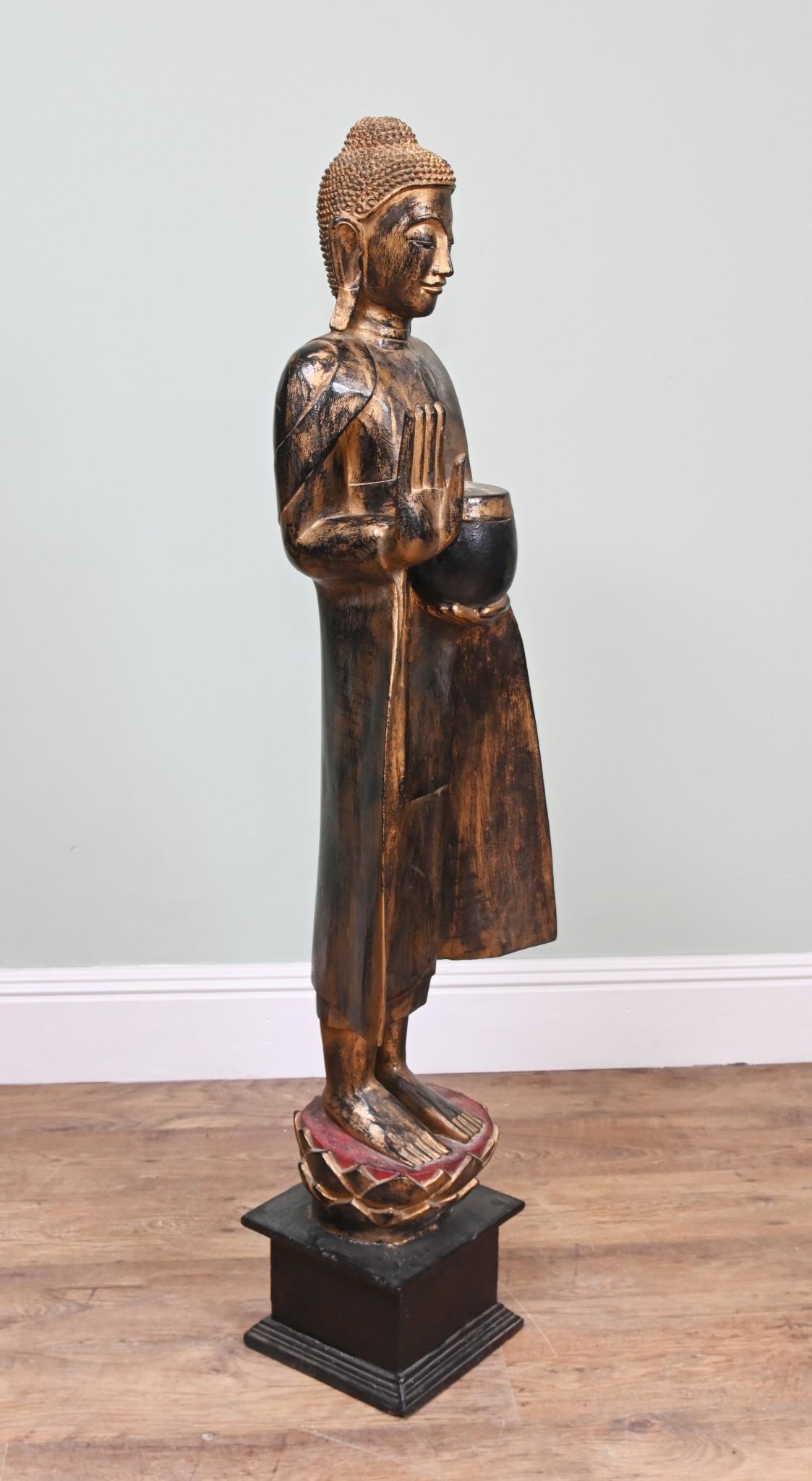 Mid-20th Century Standing Burmese Buddha Statue Carved Myanmar Buddhist Art 1930 For Sale