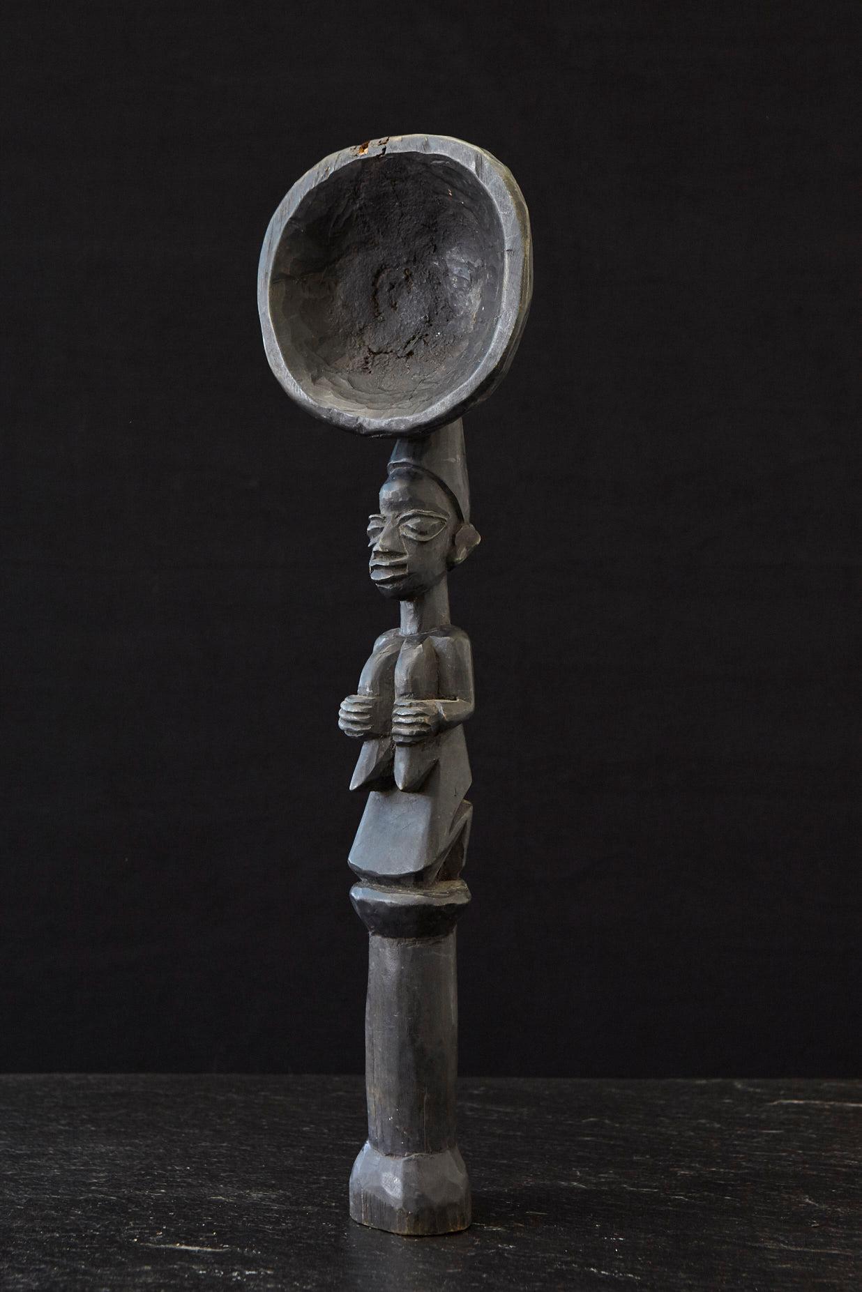 Tribal Standing Carved Wooden Figural Spoon, Yoruba People, 1960s For Sale