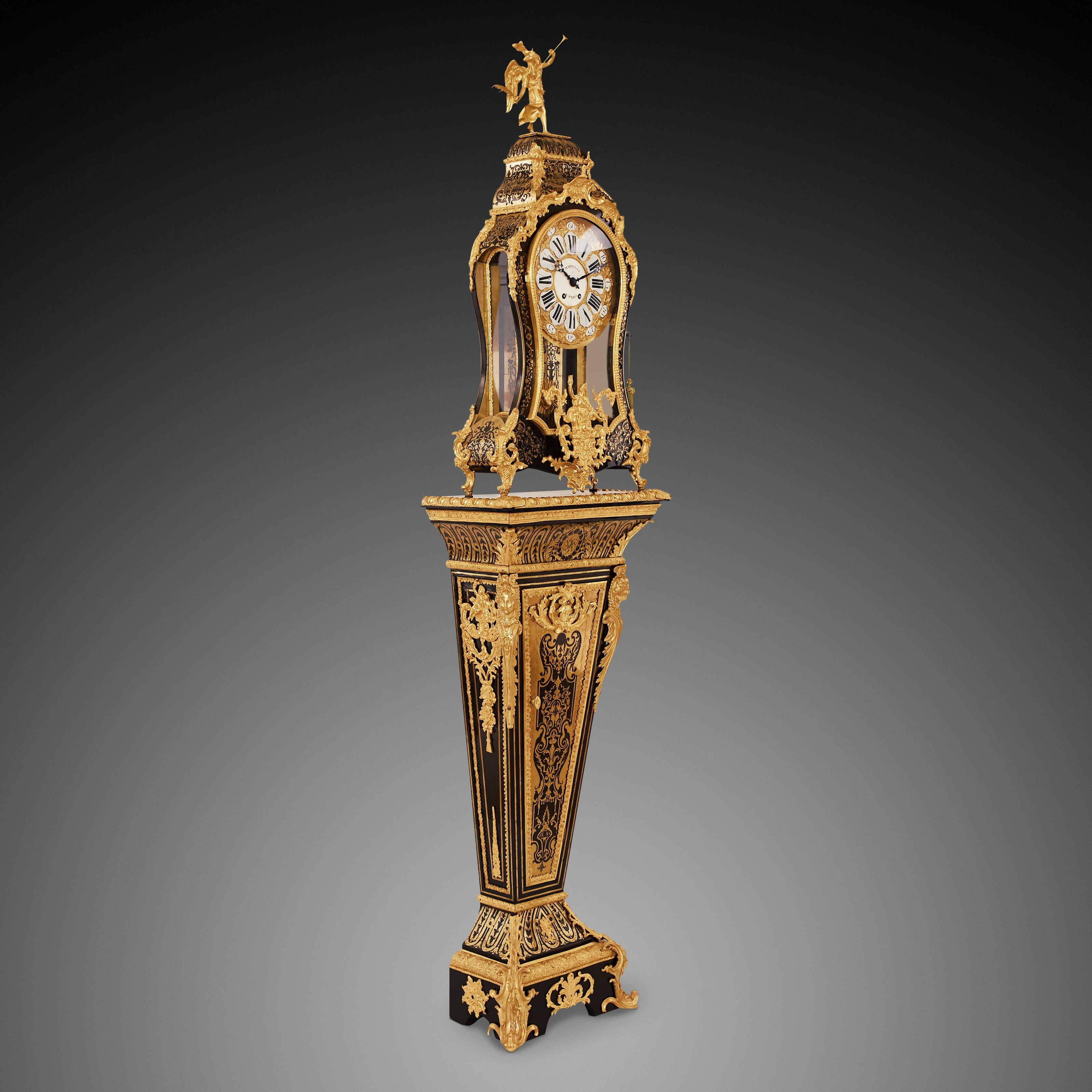 Standing clock Boulle 19th Century. The clock is in excellent and perfect working condition. In addition, it was recently cleaned and serviced by a professional clockmaker who specializes in maintaining museums. The eight-days going movement. It