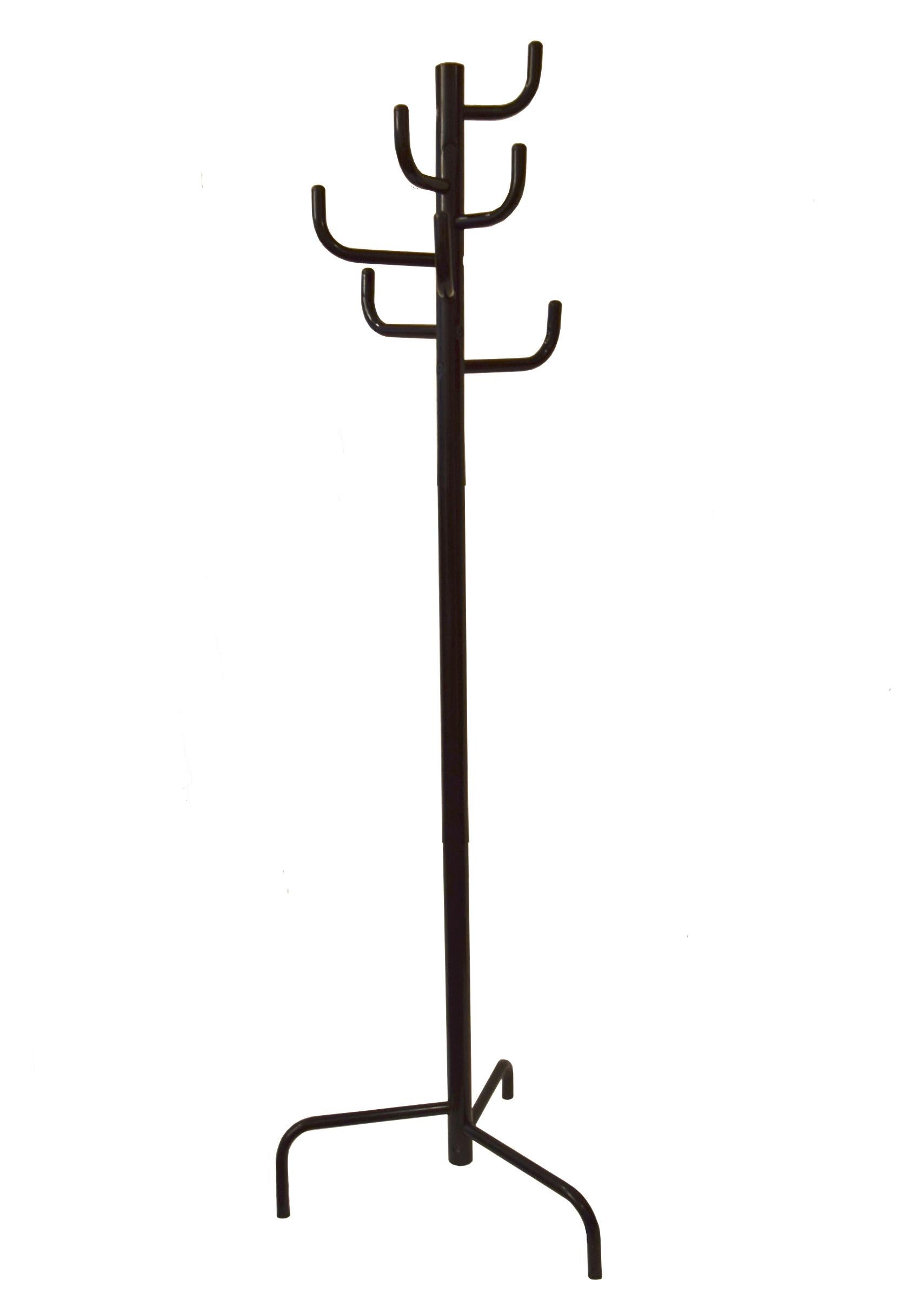 Free standing coat or hat rack in satin black enameled metal designed in 1979 by Rutger Andersson and produced by Ikea in the 1980s. There are seven arms / hooks that each have a rounded black molded plastic cap at the ends, and three legs at the