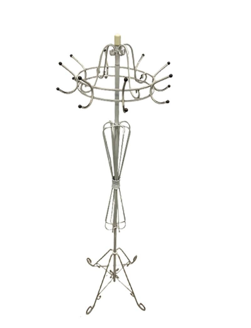 Standing coat rack/ Hall stand with rotating top

A standing coat rack with rotating top made of white painted iron. An elegant coat rack with curls and a feminine shape in the style of Jean Royere, French Designer (1902-1981) The legs are twisted
