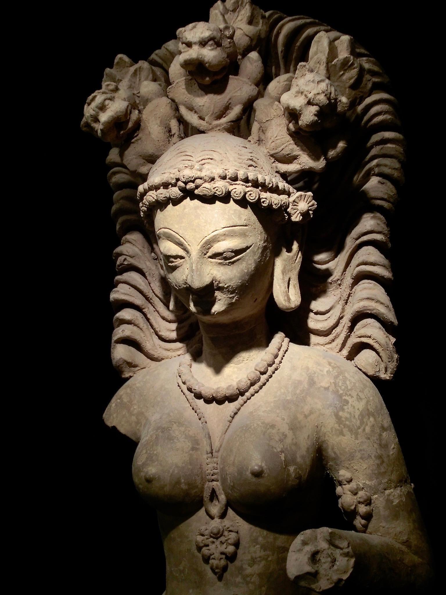 18th Century and Earlier Standing Female Devata with Lions Sculpture