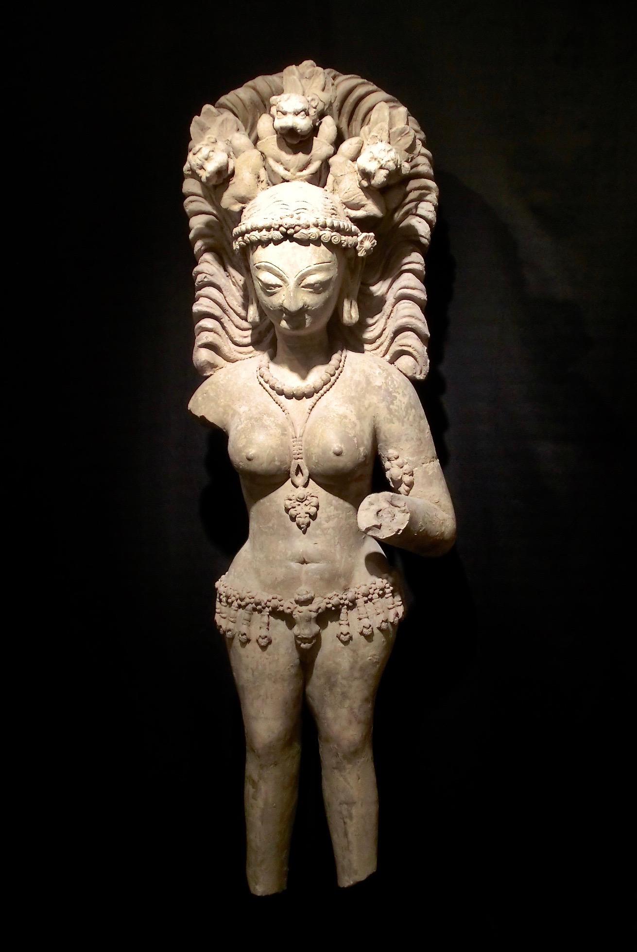 Stone Standing Female Devata with Lions Sculpture
