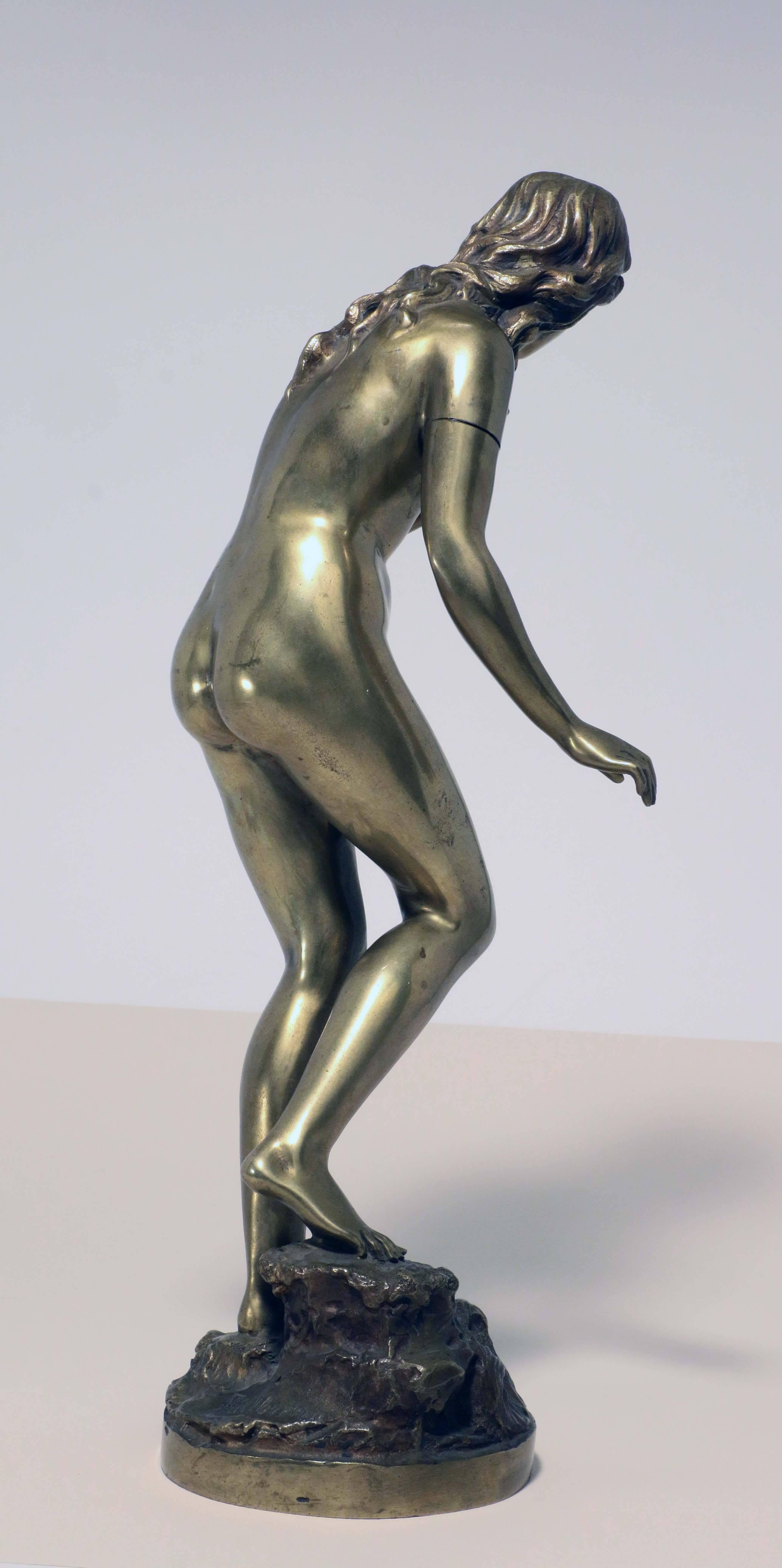 German Standing Female Nude Bather, Bronze Signed Fullborn For Sale