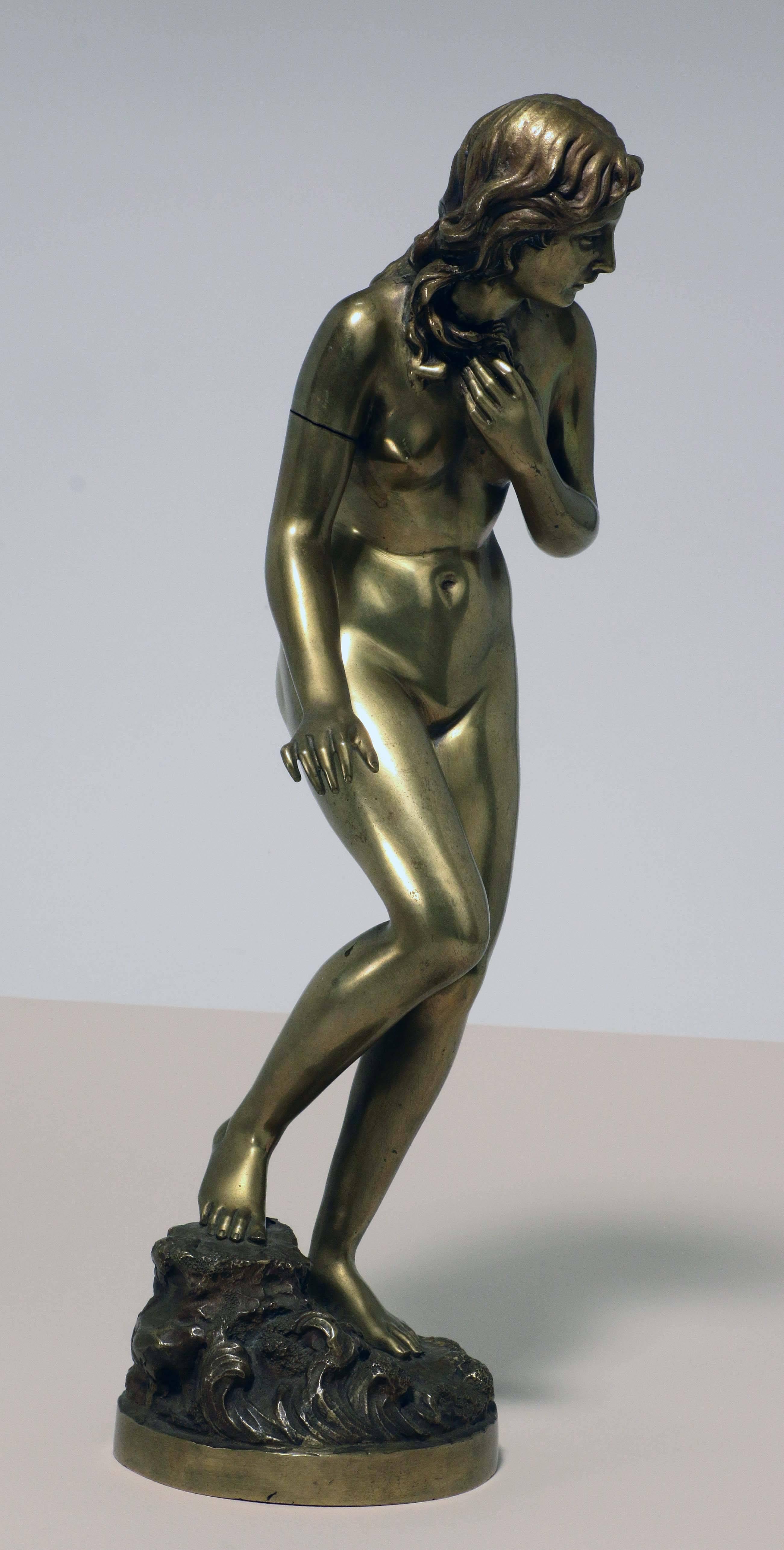 Patinated Standing Female Nude Bather, Bronze Signed Fullborn For Sale