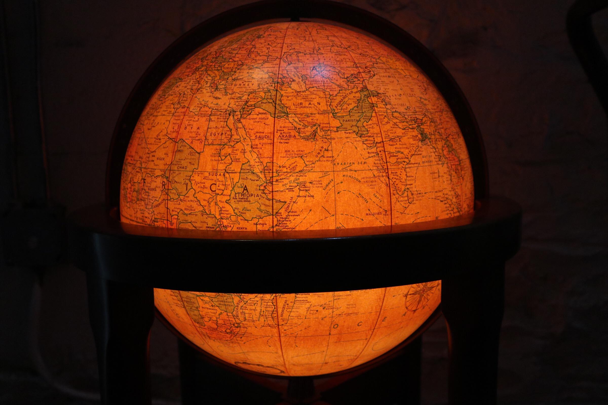 Wood Paul McCobb Style Standing Glowing Globe on Modernist Frame by Replogle