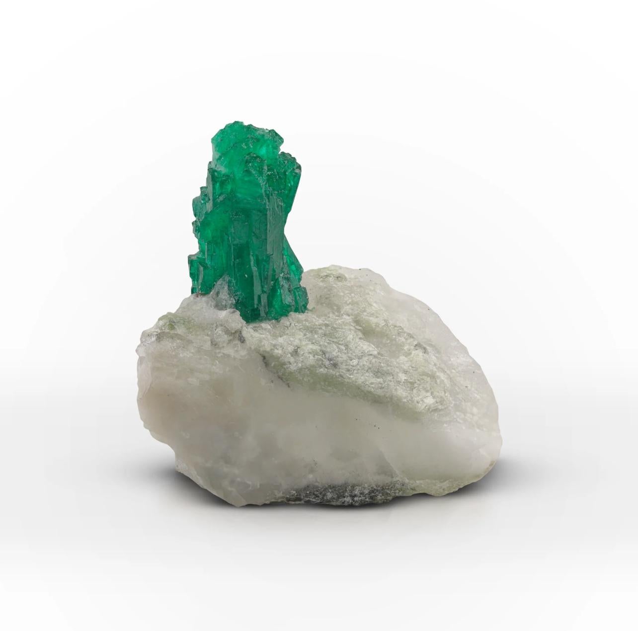 Contemporary Standing Green Emerald Crystal On White Matrix From Pakistan For Sale