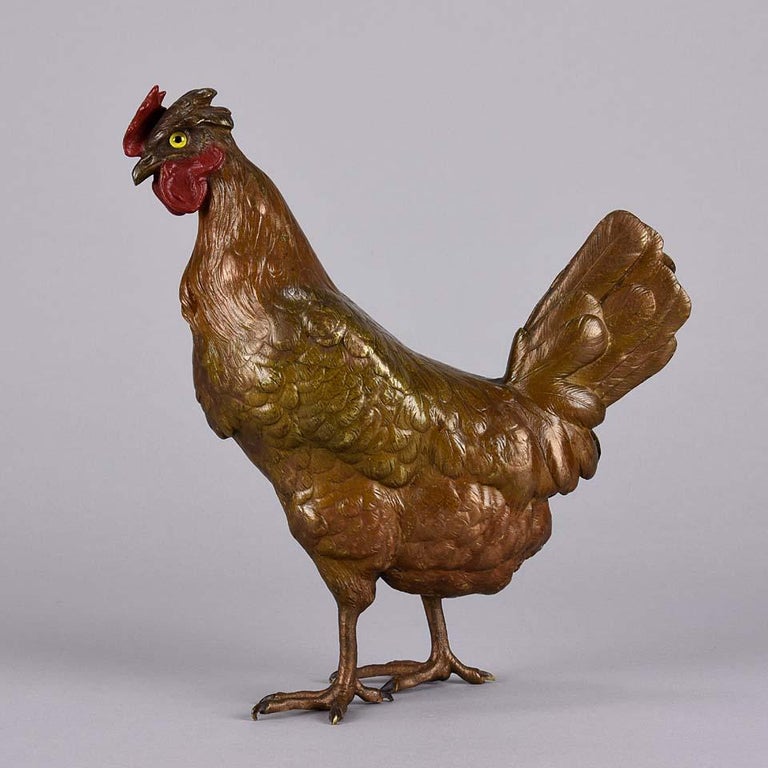 “Standing Hen” Vienna bronze by Franz Bergman - circa 1900.

A very fine early 20th century cold painted Austrian bronze study of a standing hen with excellent hand chased surface detail and fine naturalistic colour, signed with the Bergman ‘B’ in