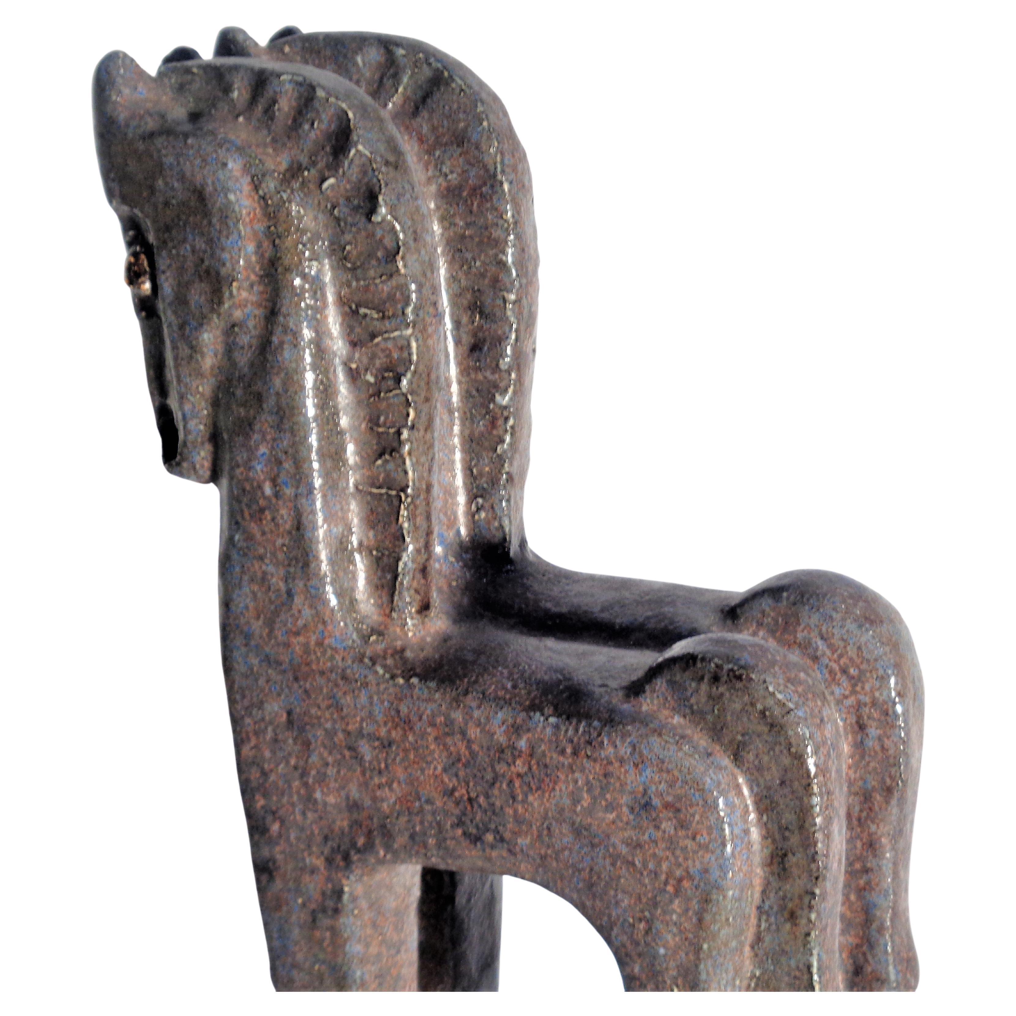 Fired Standing Horses Cubist Style Ceramic Sculpture, Helmut Schaffenacker