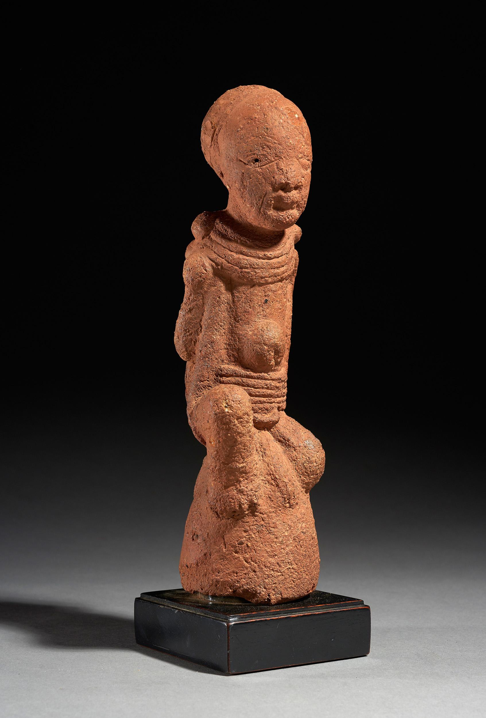 This terracotta figure belongs to the Nok culture, named after a village in Nigeria where the first similar terracottas and several artefacts were found. The village of Nok seems to have been one of the earliest African centres of terracotta figure