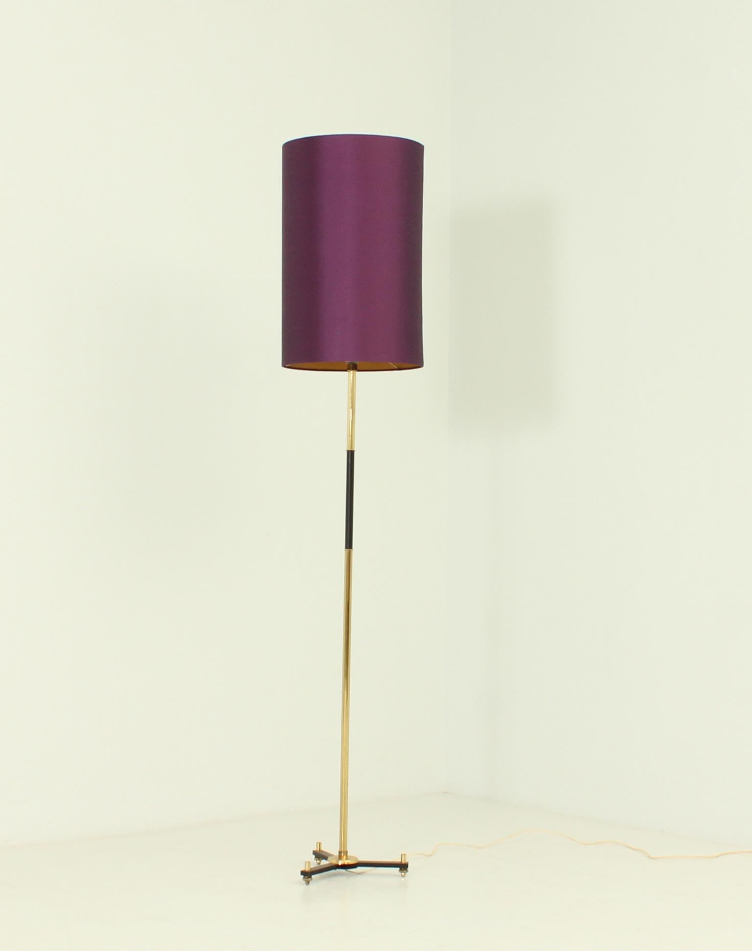 Standing lamp from 1960's, Spain. Brass and black enamelled metal with new fabric shade in wild silk.