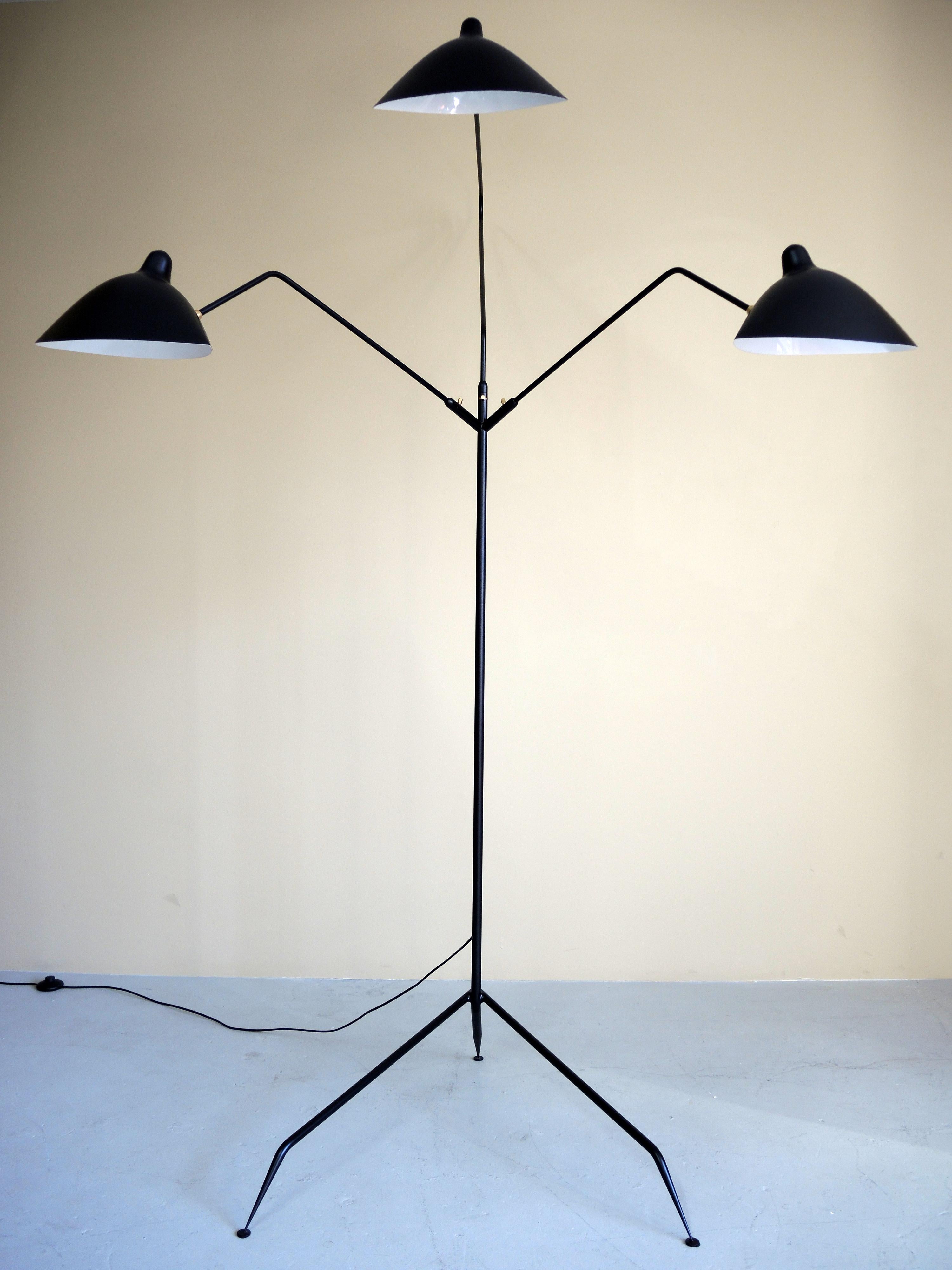 Standing Lamp with Three Arms in Black by Serge Mouille In Excellent Condition In Stratford, CT