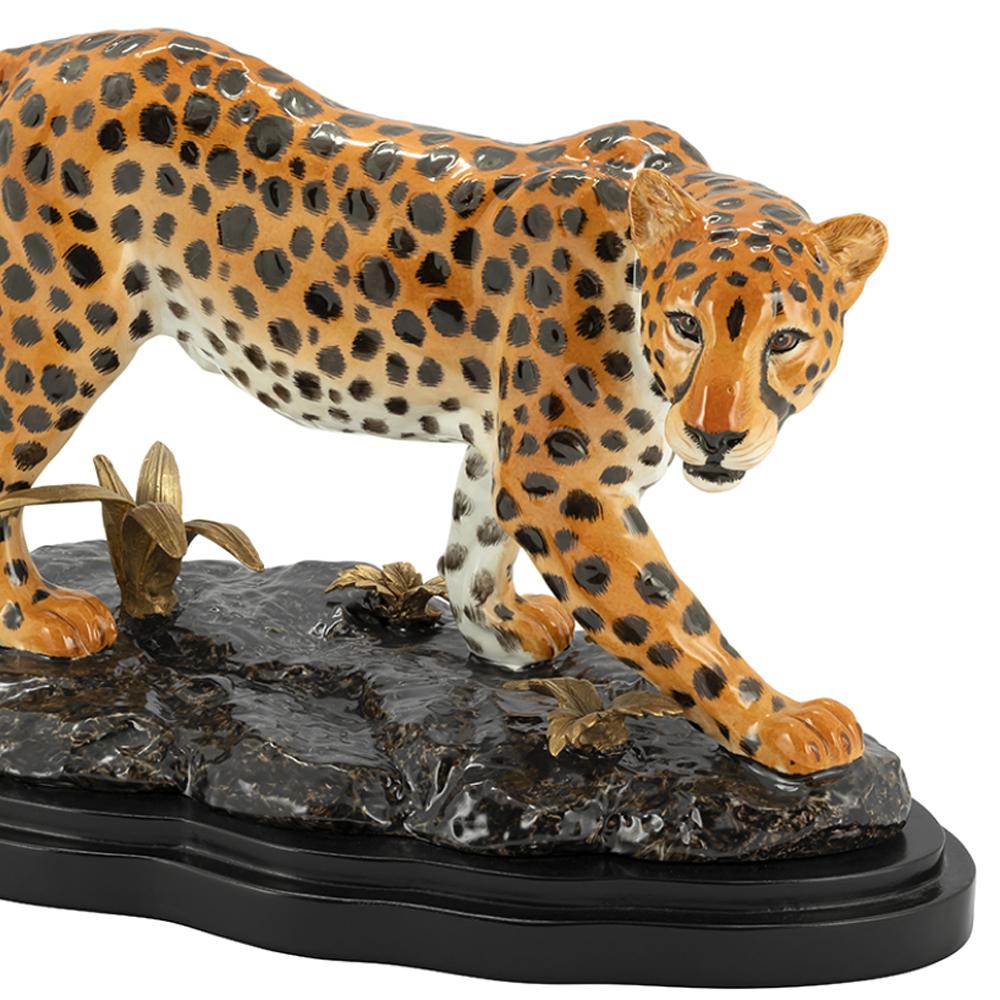 Brass Standing Leopard Sculpture in Hand Painted Porcelain For Sale