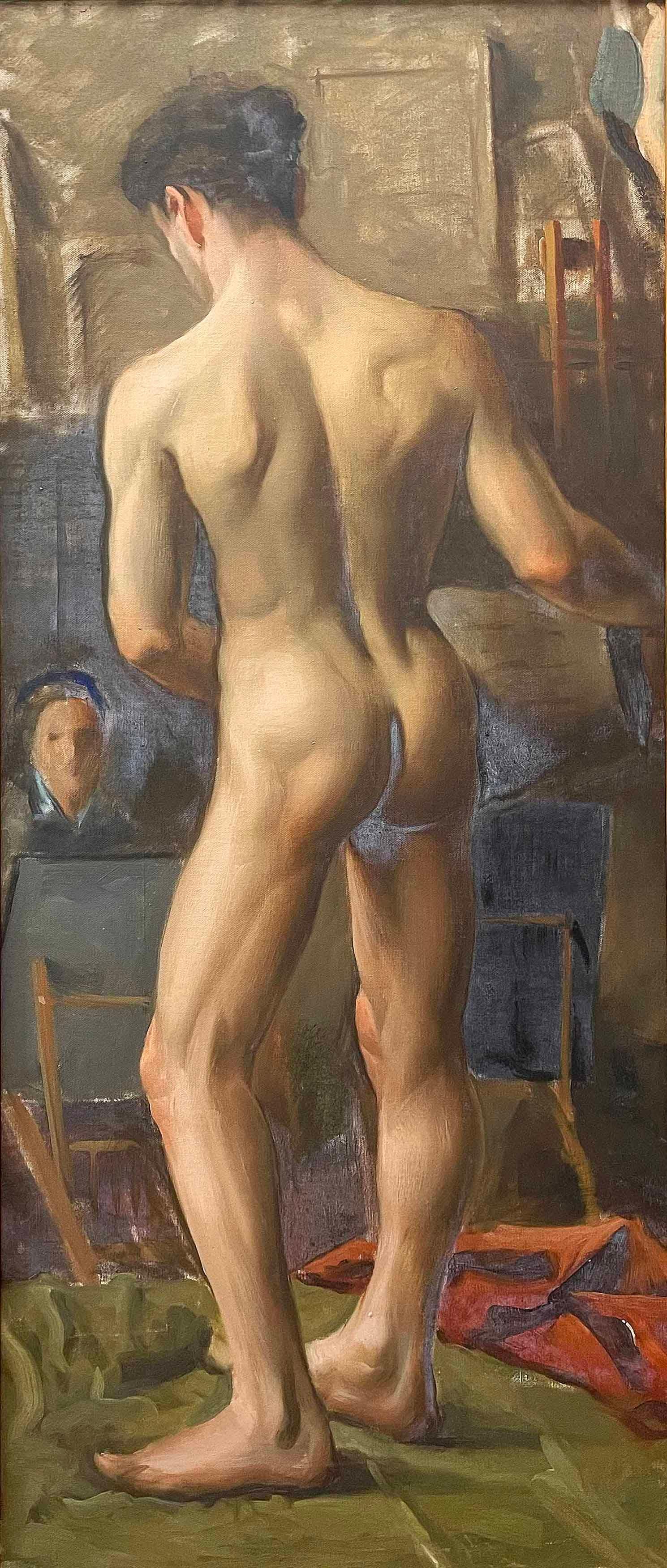 Beautifully and sensitively painted, this view of a young, nude male model, facing away from the viewer, places him in an artist's studio or atelier, with painters and their easels visible in the distance.  The painting is not signed, but the