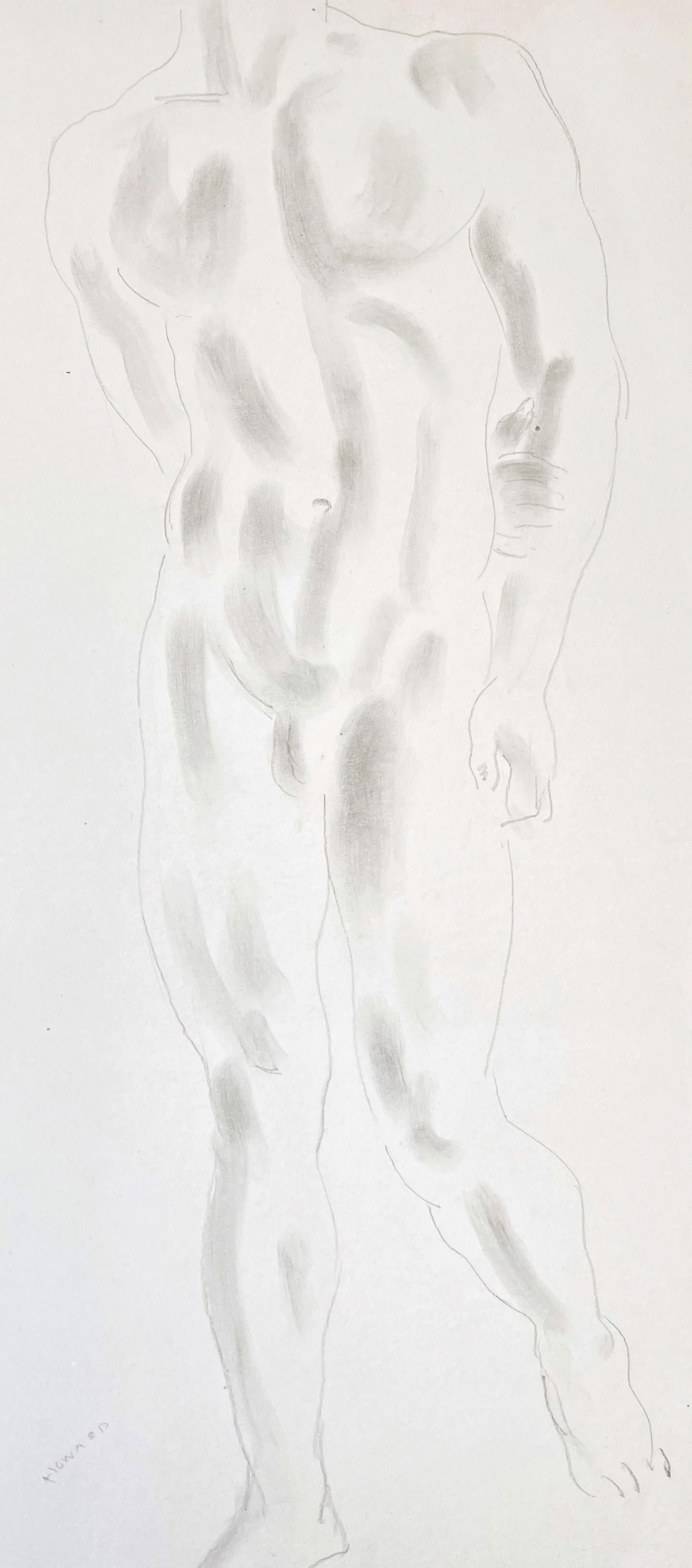 Exquisitely drawn in pencil and a feather, light ink wash, creating a pale, ghostly image that is refined and haunting, this full length male nude was accomplished by Cecil de Blaquiere Howard, the extraordinarily accomplished