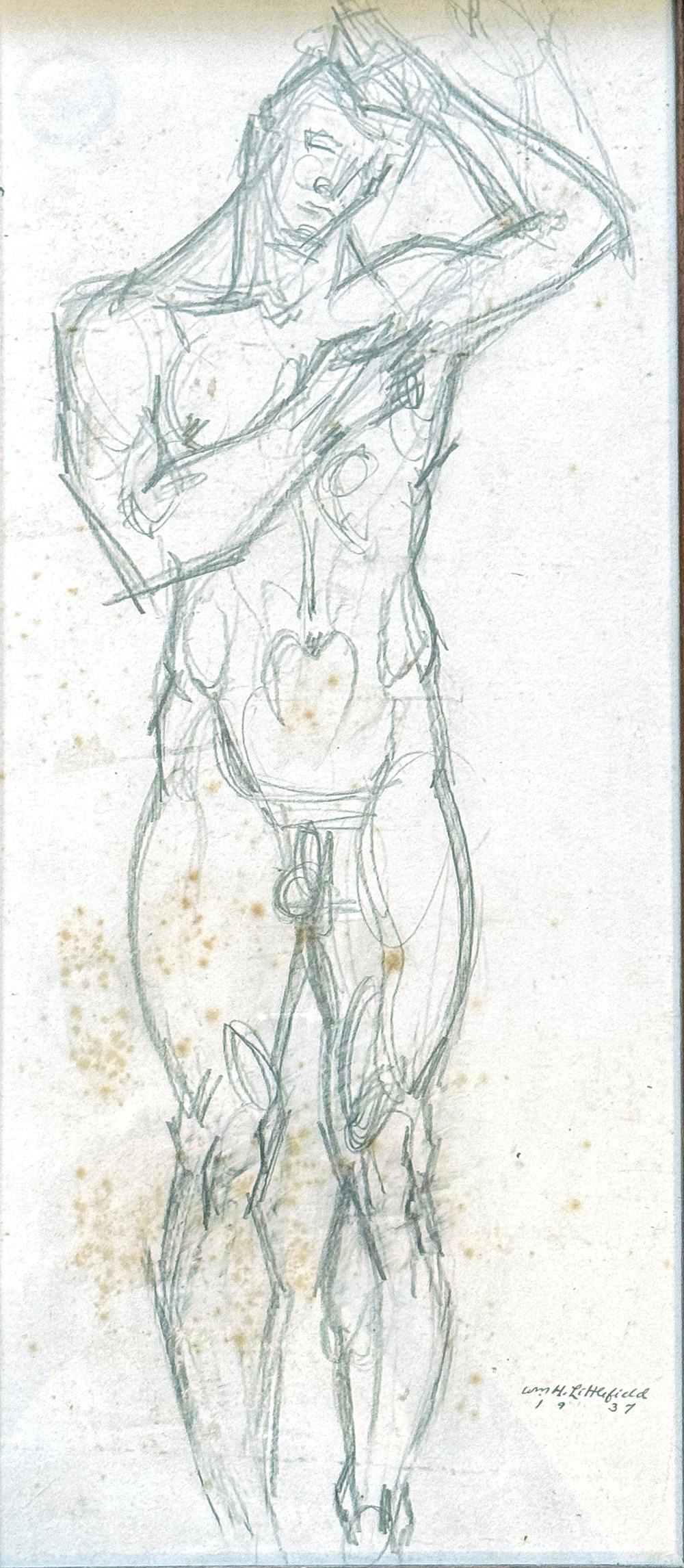 Expresado con fuerza, con la estilización angulosa característica del arte decorativo Art Déco, este dibujo a lápiz fue ejecutado en 1937 por William Littlefield.  Al artista le fascinaba la figura masculina y realizó escenas de boxeadores y escenas