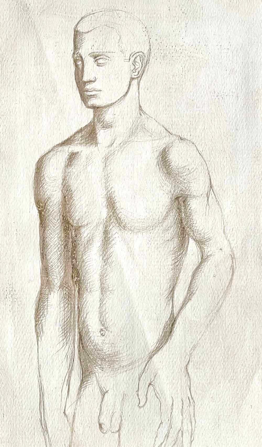 Exquisitely accomplished, this lovely male nude by Paul Goadby Stone is the earliest piece we have ever offered by the artist.  Although it has the appearance of a drawing, this work appears to be tempera on prepared paper -- a medium that allowed