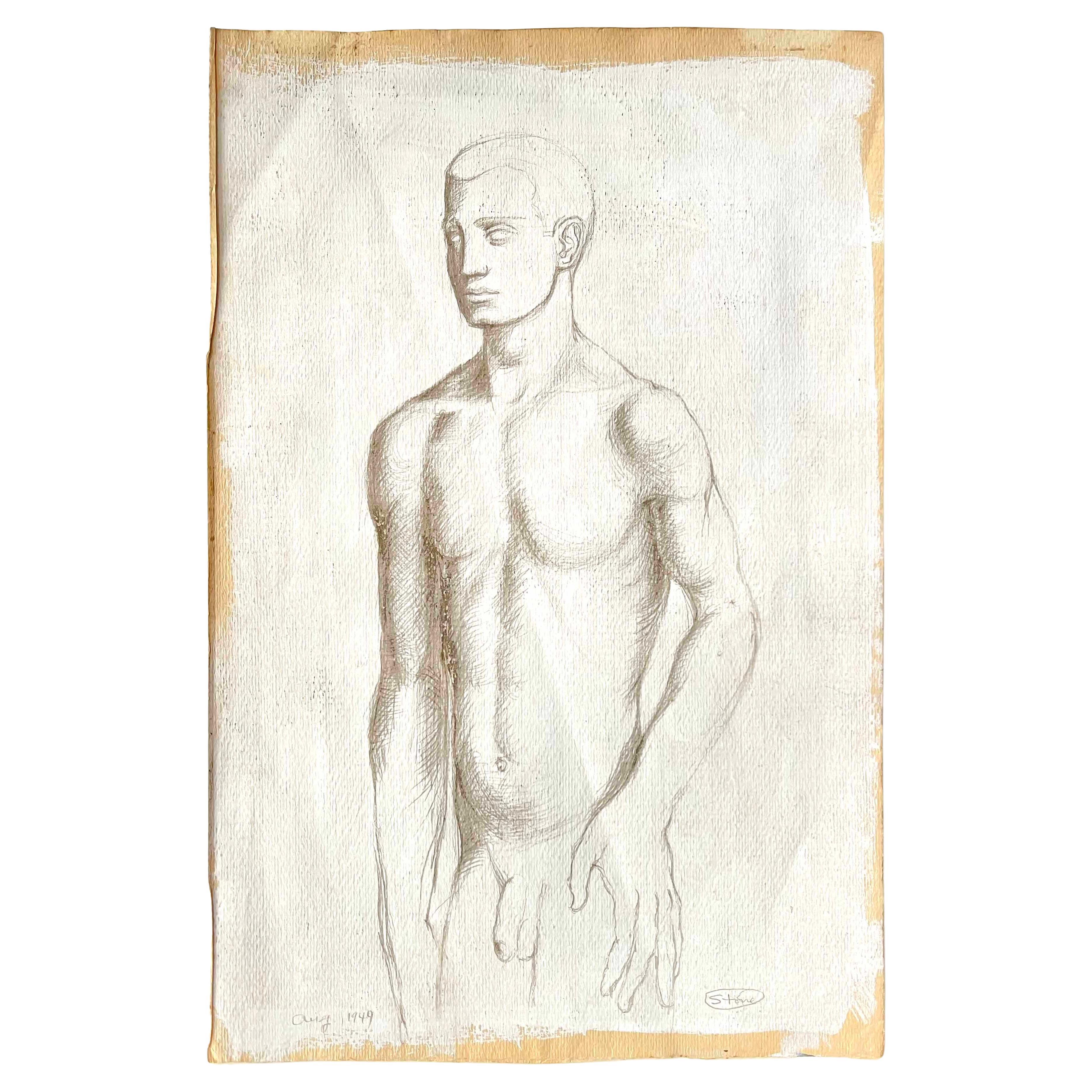 « Nu masculin debout », rare, peinture ancienne de Paul Goadby Stone, 1949
