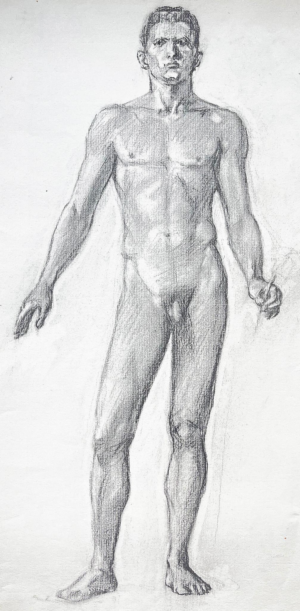 Ce dessin fort et confiant d'un nu masculin debout a été réalisé par Allyn Cox, probablement pour l'une des nombreuses peintures murales qu'il a peintes dans les années 1920, 1930 et 1940, à commencer par une série de peintures pour la William
