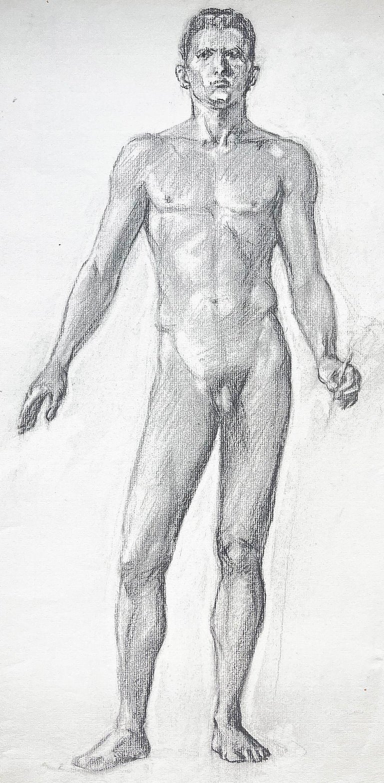 This strong and confident drawing of a standing male nude was made by Allyn Cox, probably for one of an array of murals he painted in the 1920s, 30s and 40s, starting with an series of paintings for the William Andrews Clark Memorial Library at UCLA