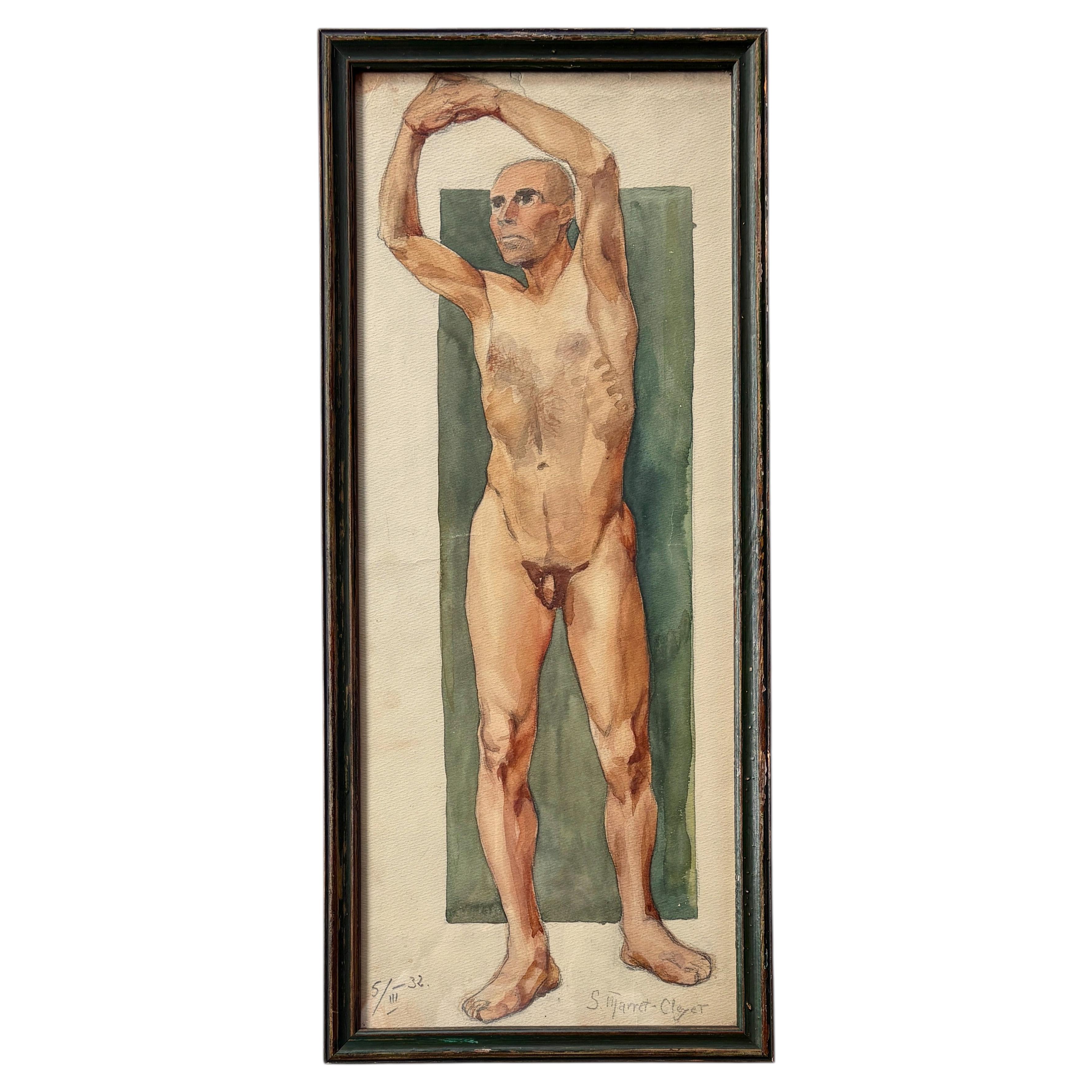 Standing Male Nude, Watercolour and Pencil Study by Simone Marret-Cleyet, 1932 For Sale