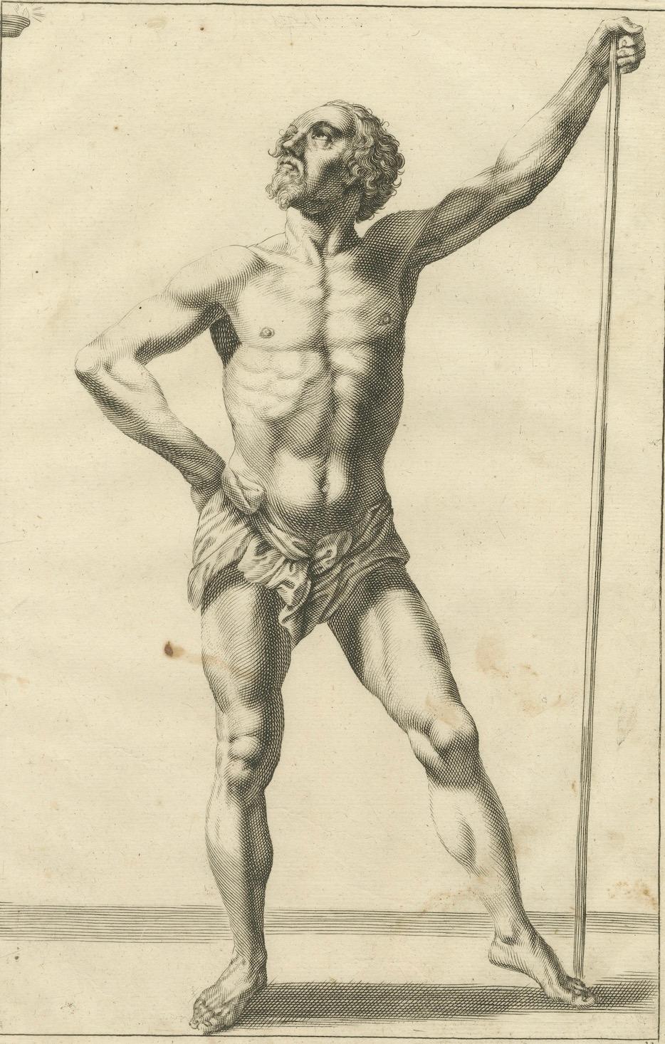 Standing Male Nude with Staff after de Lairesse German Drawing Manual, c1745