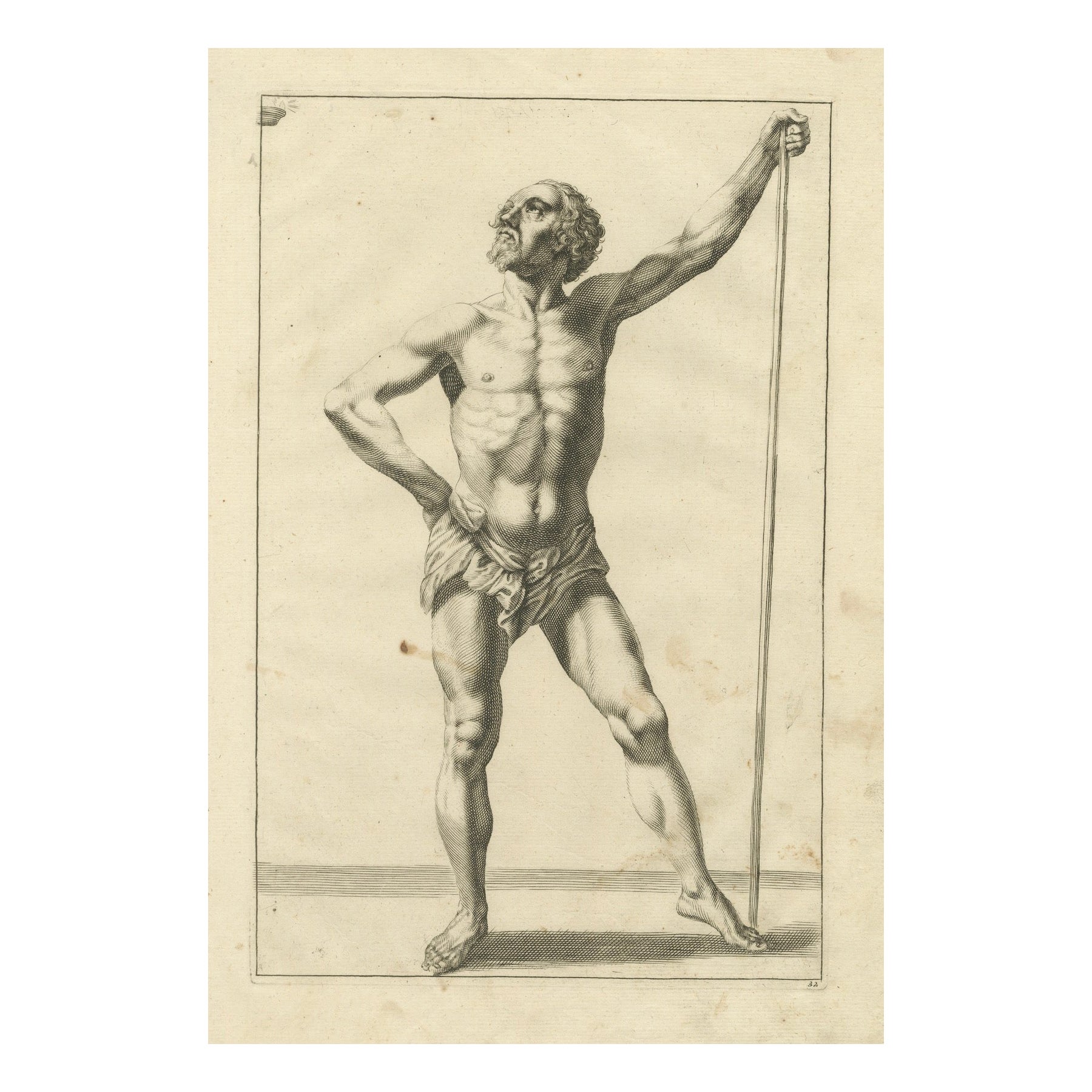 Desnudo masculino de pie con bastón según de Lairesse Manual de dibujo alemán, c1745 en venta