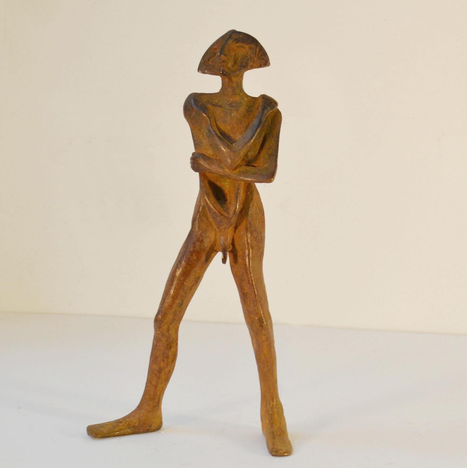 Dutch Sculpture in Bronze 'Compass', Standing Man with Brown Patina For Sale