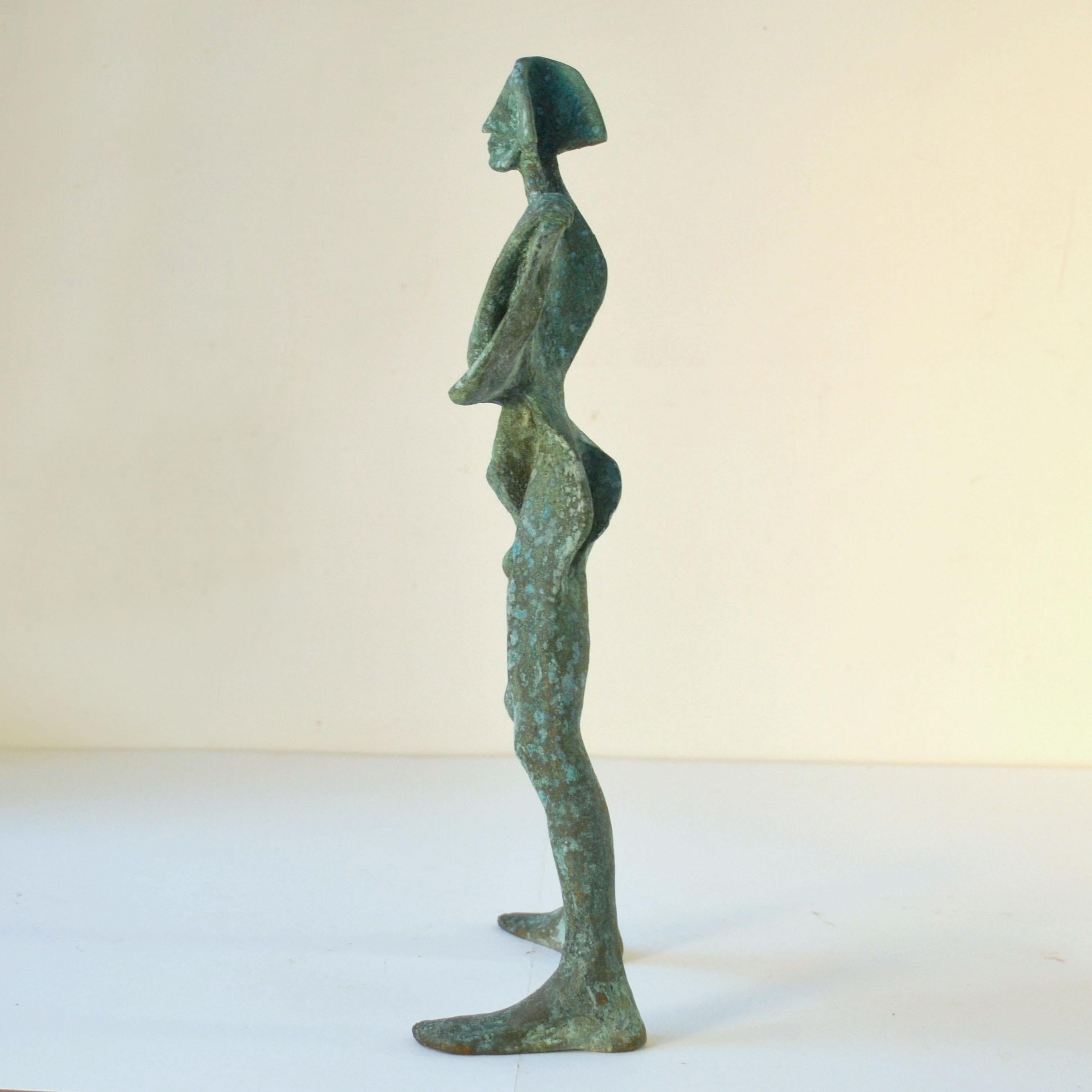 Cast Sculpture in Bronze 'Compass', Standing Man with Green Patina For Sale