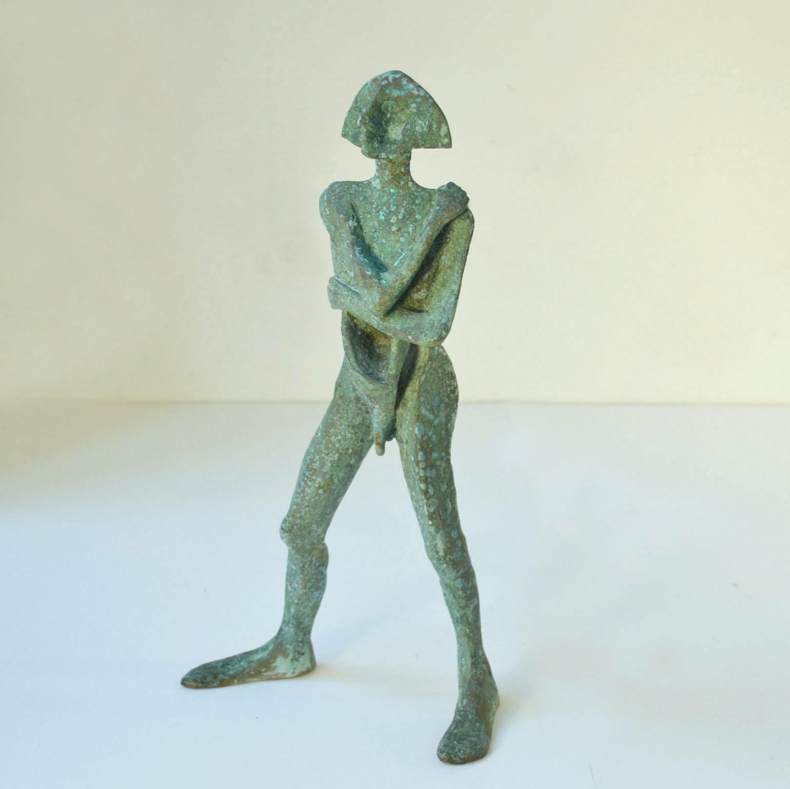 Late 20th Century Sculpture in Bronze 'Compass', Standing Man with Green Patina For Sale