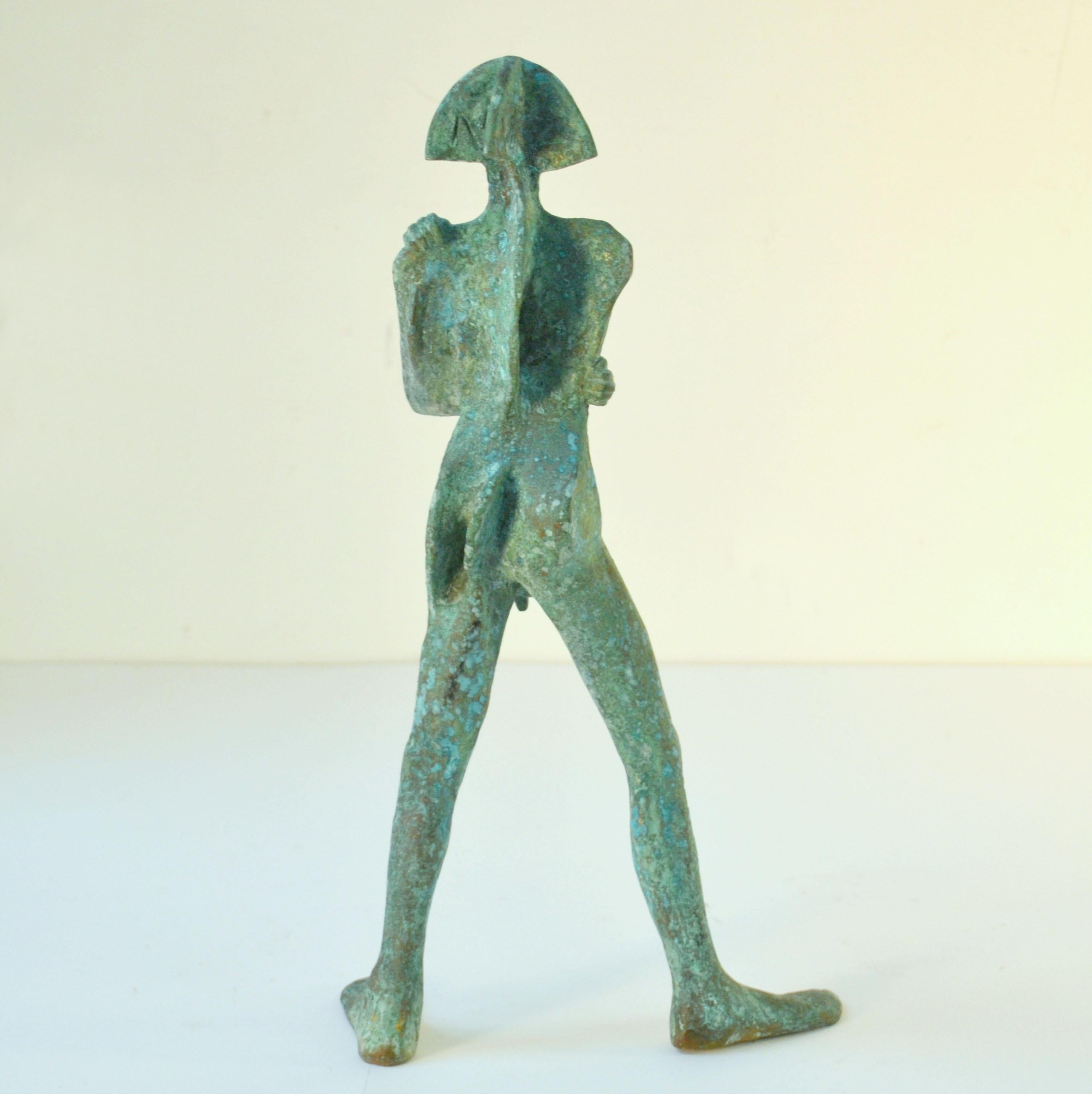 Sculpture in Bronze 'Compass', Standing Man with Green Patina For Sale 1