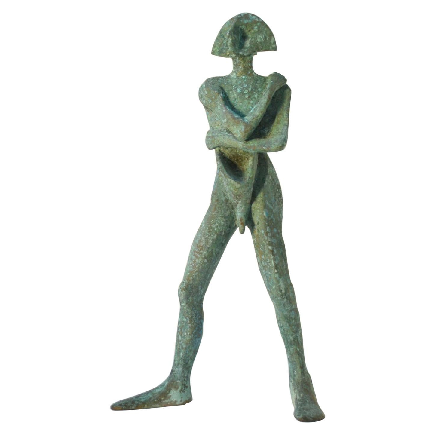 Sculpture in Bronze 'Compass', Standing Man with Green Patina For Sale